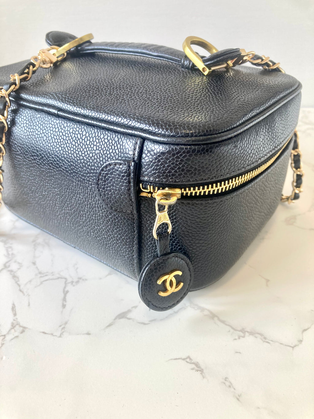 CHANEL Black Caviar Leather Vanity Case / Crossbody Chain Bag