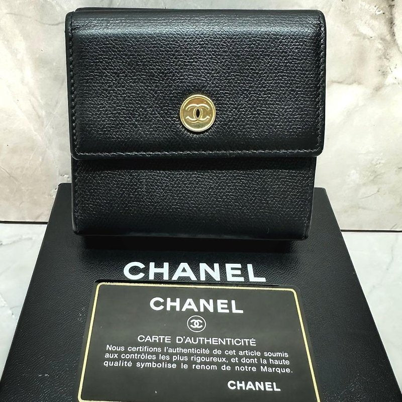 CHANEL 全套配件·稀有黑色牛皮皮革金幣短夾/小錢包