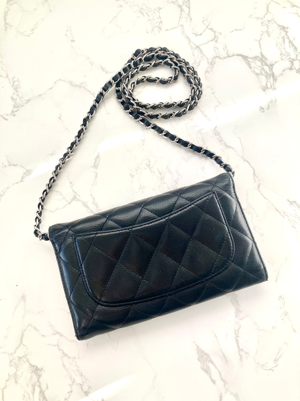 CHANEL Black Caviar Leather Classic Flap Wallet-on-Chain WOC (Add-on Chain)