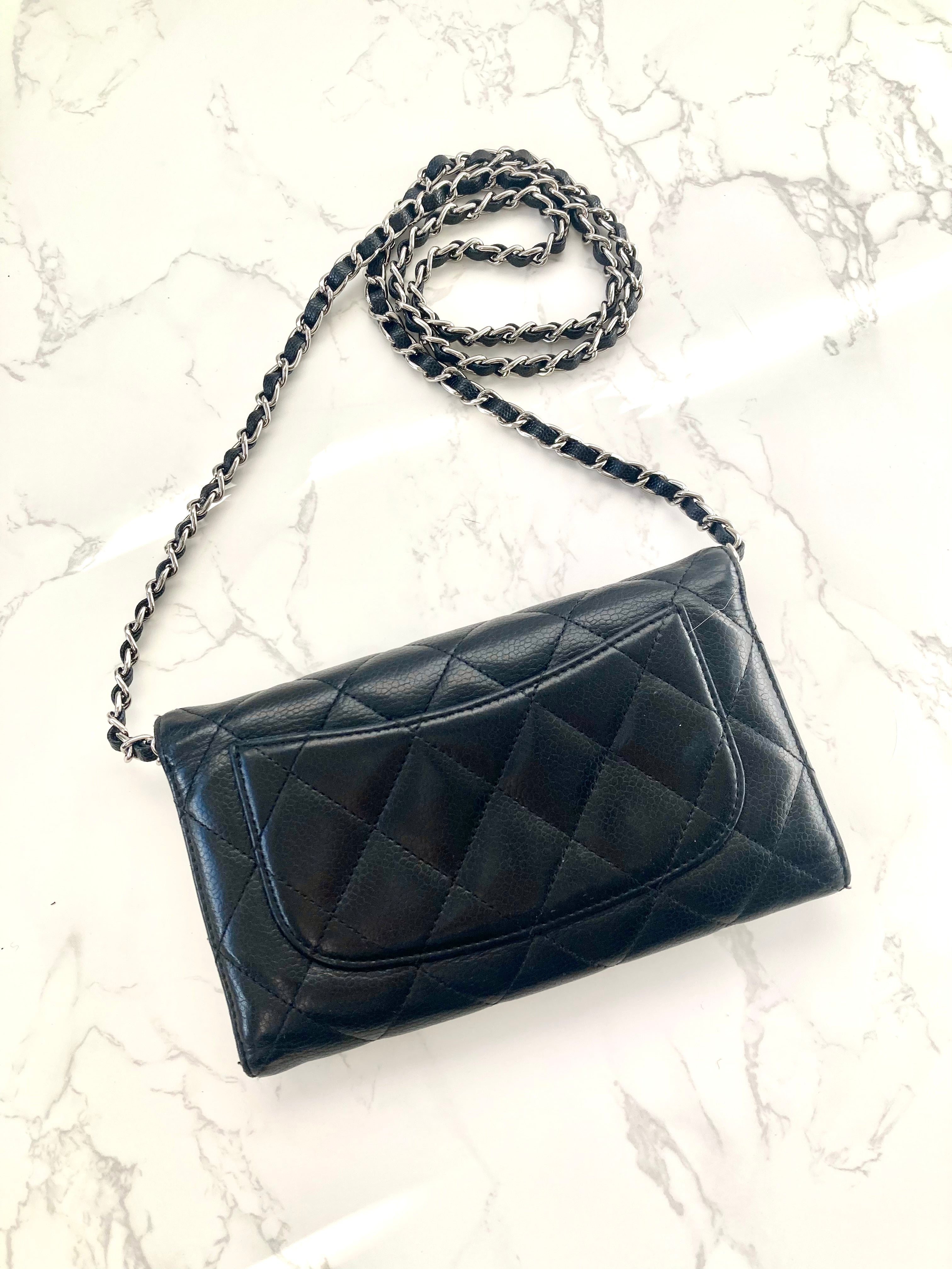 CHANEL Black Caviar Leather Classic Flap Wallet-on-Chain WOC (Add-on Chain)
