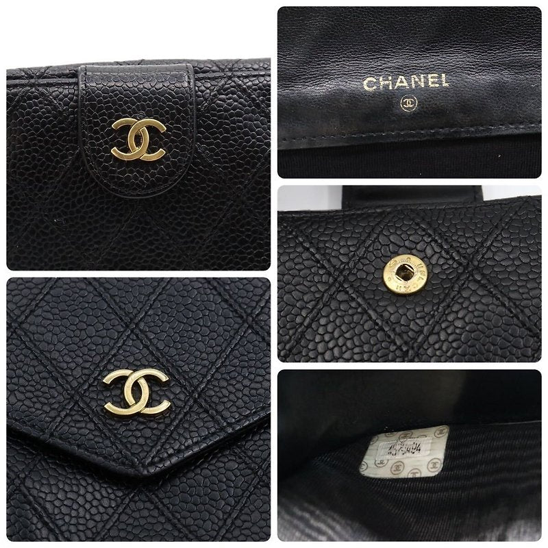 CHANEL 稀有雙面金扣黑色魚子醬牛皮皮革短夾/小錢包/銀包