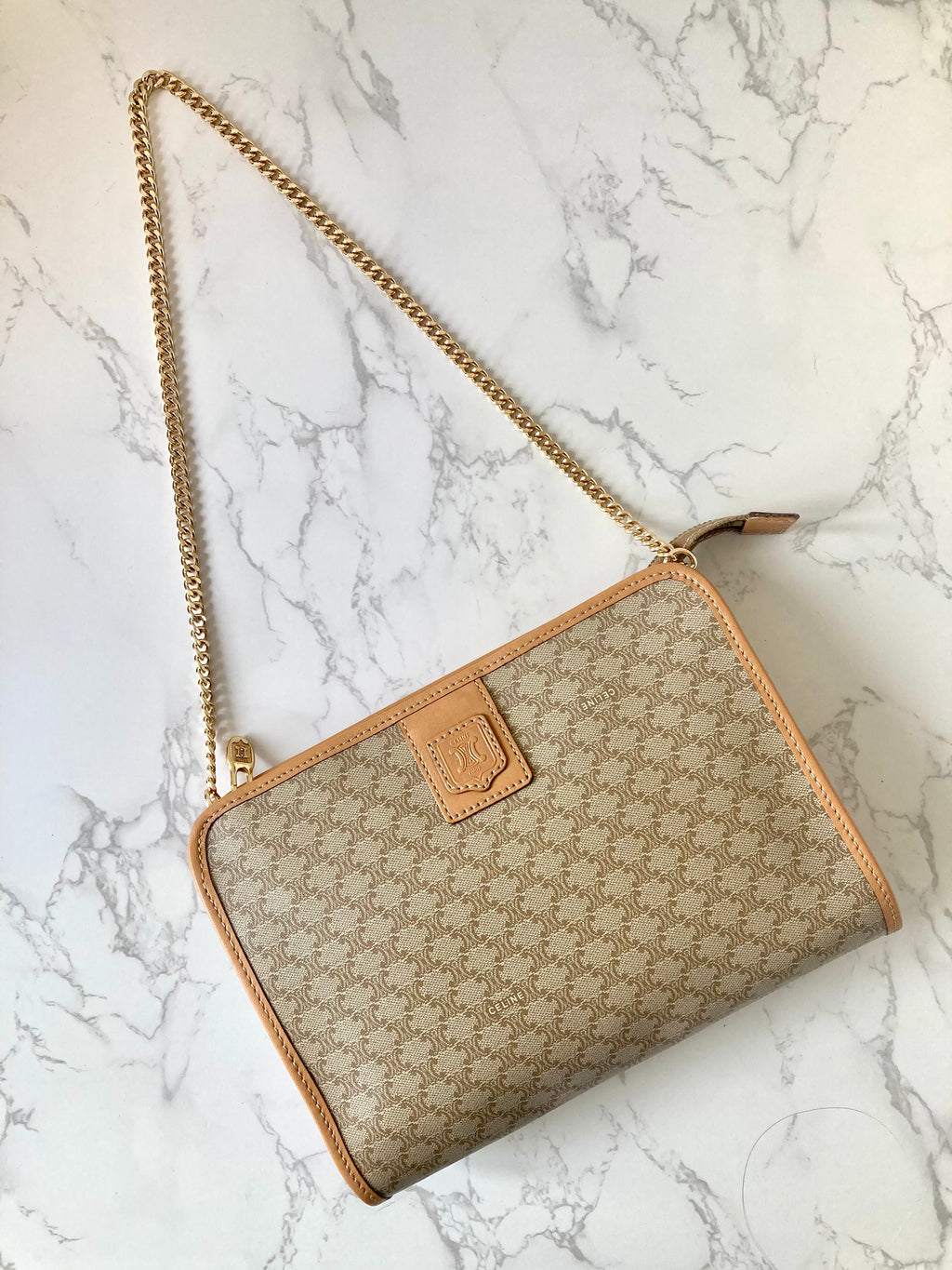 CELINE Beige Triomphe Monogram Chain Shoulder Bag
