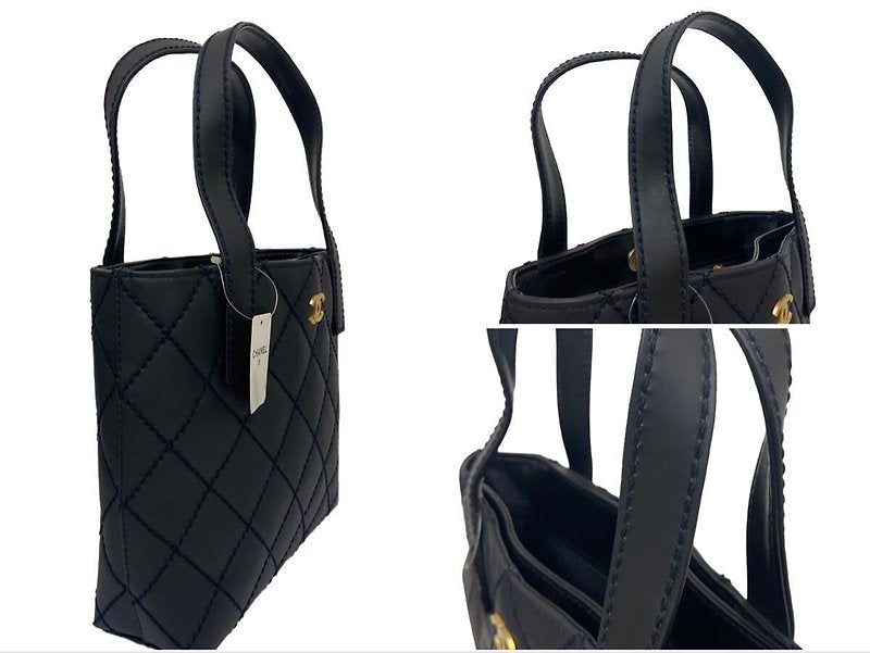 (未使用保存品)CHANEL Vivian黑色金標外縫皮革包/小托特包/側背包