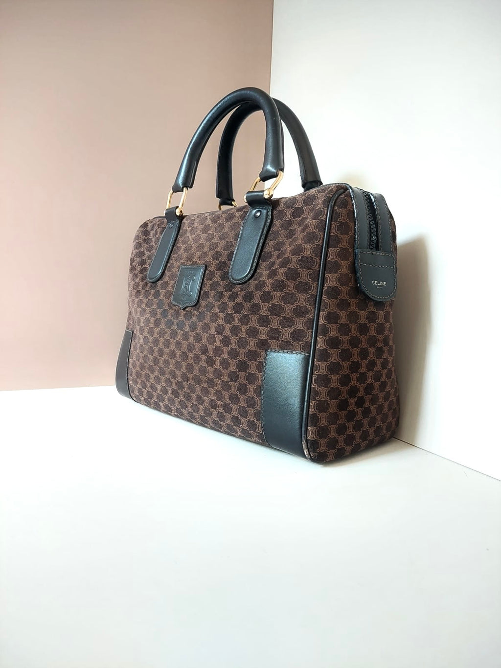 CELINE rare coffee color old flower leather Boston crossbody bag / side bag / handbag