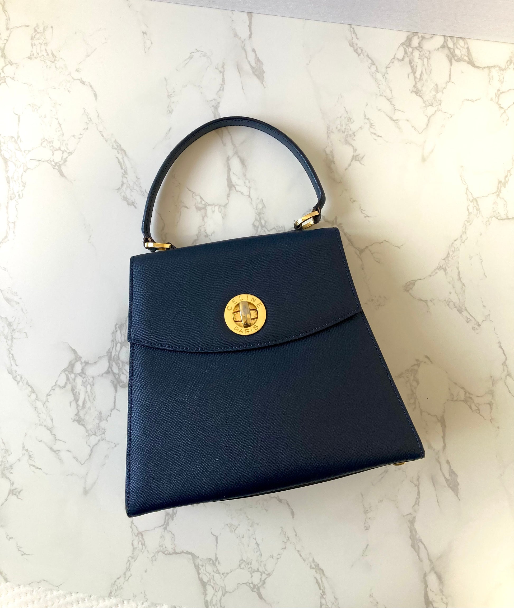 CELINE Rare Navy Blue x Gold Kelly Bag