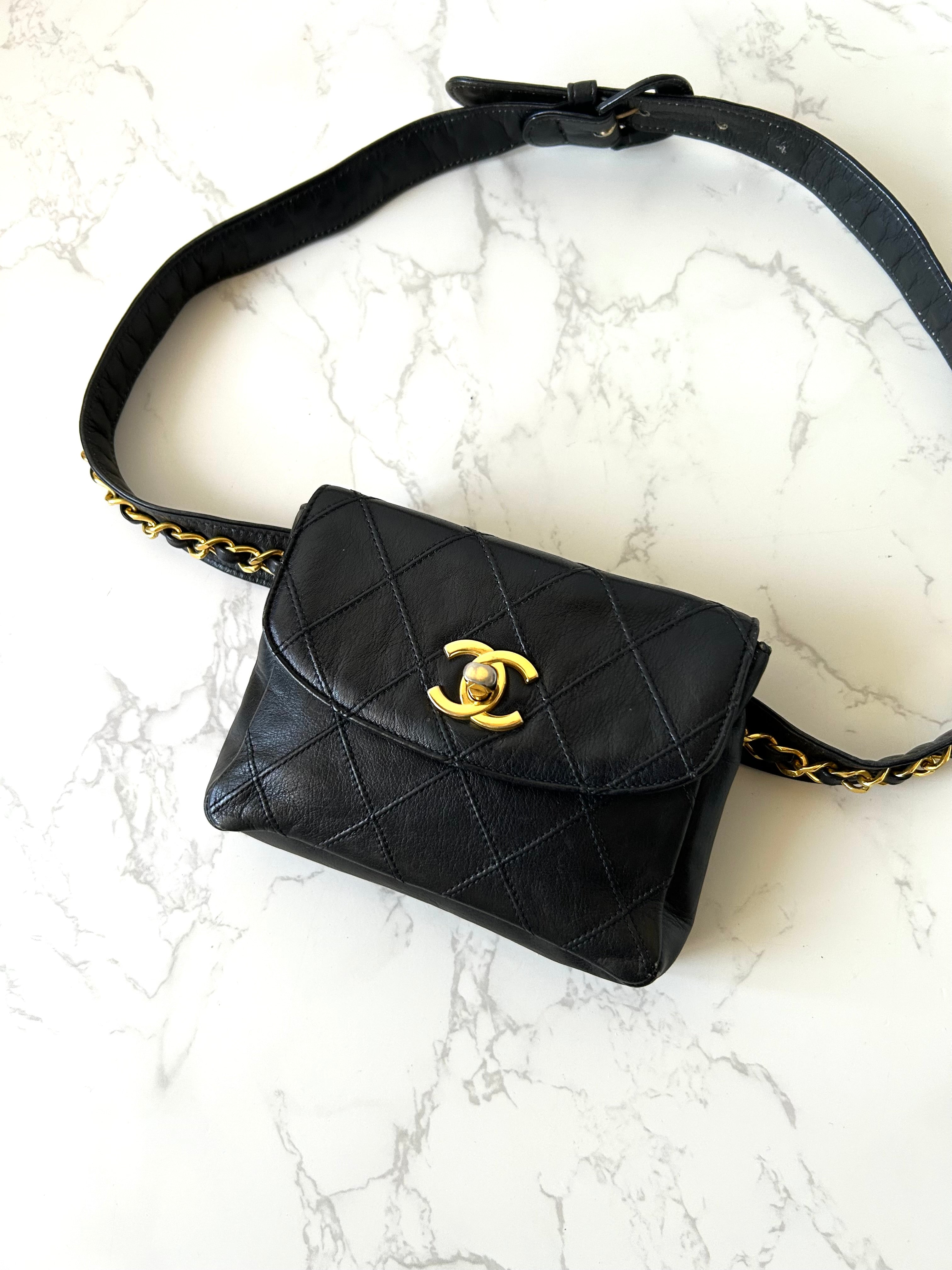 Rare CHANEL Matelassé Black Leather Gold Rotating Buckle Crossbody/Belt Bag/Shoulder Bag