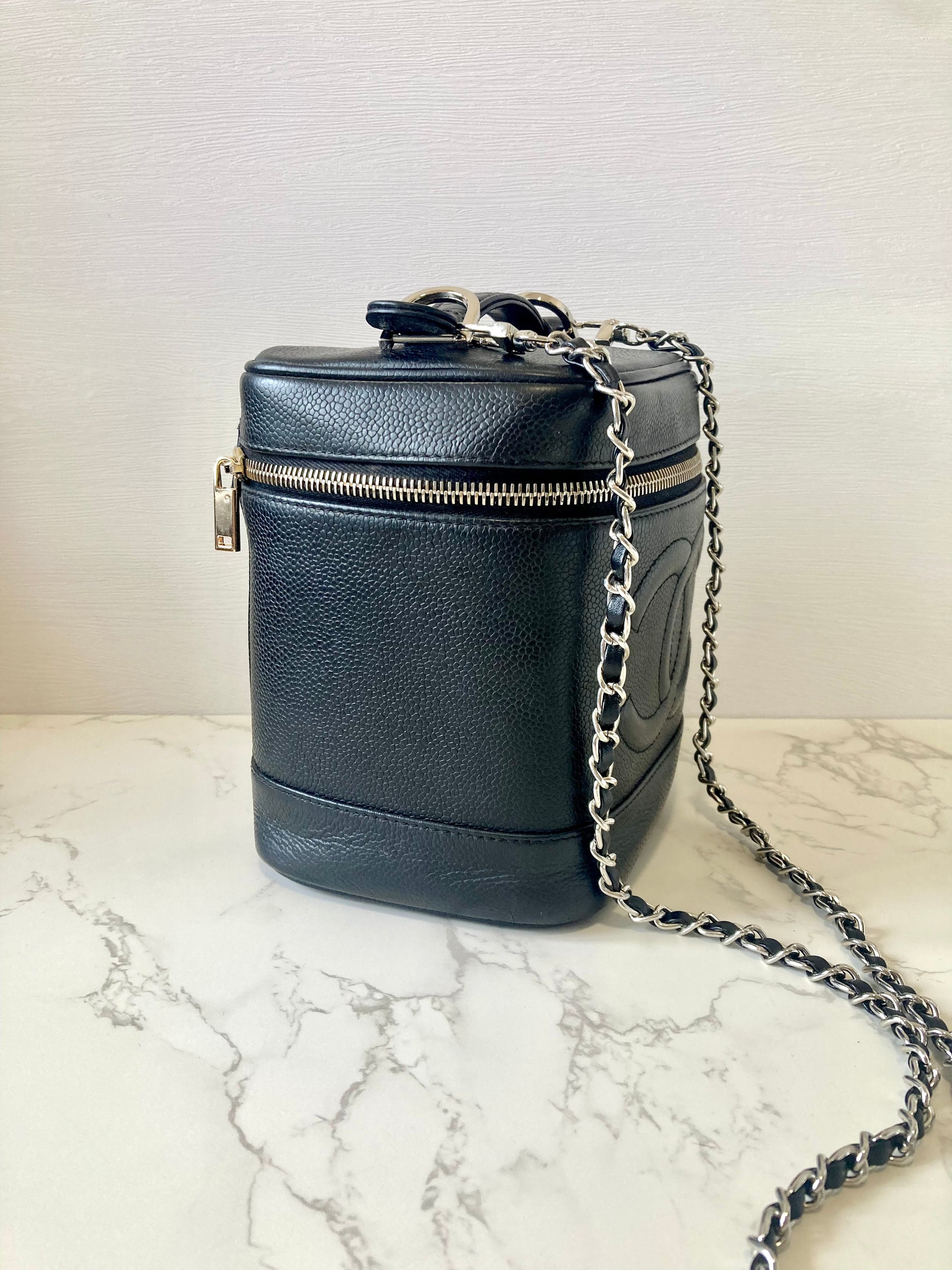 CHANEL Black Caviar Leather Vertical Vanity Case / Chain Crossbody Bag