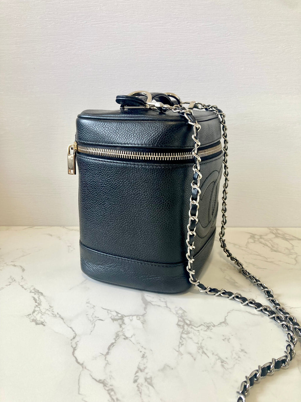 CHANEL Black Caviar Leather Vertical Vanity Case / Chain Crossbody Bag