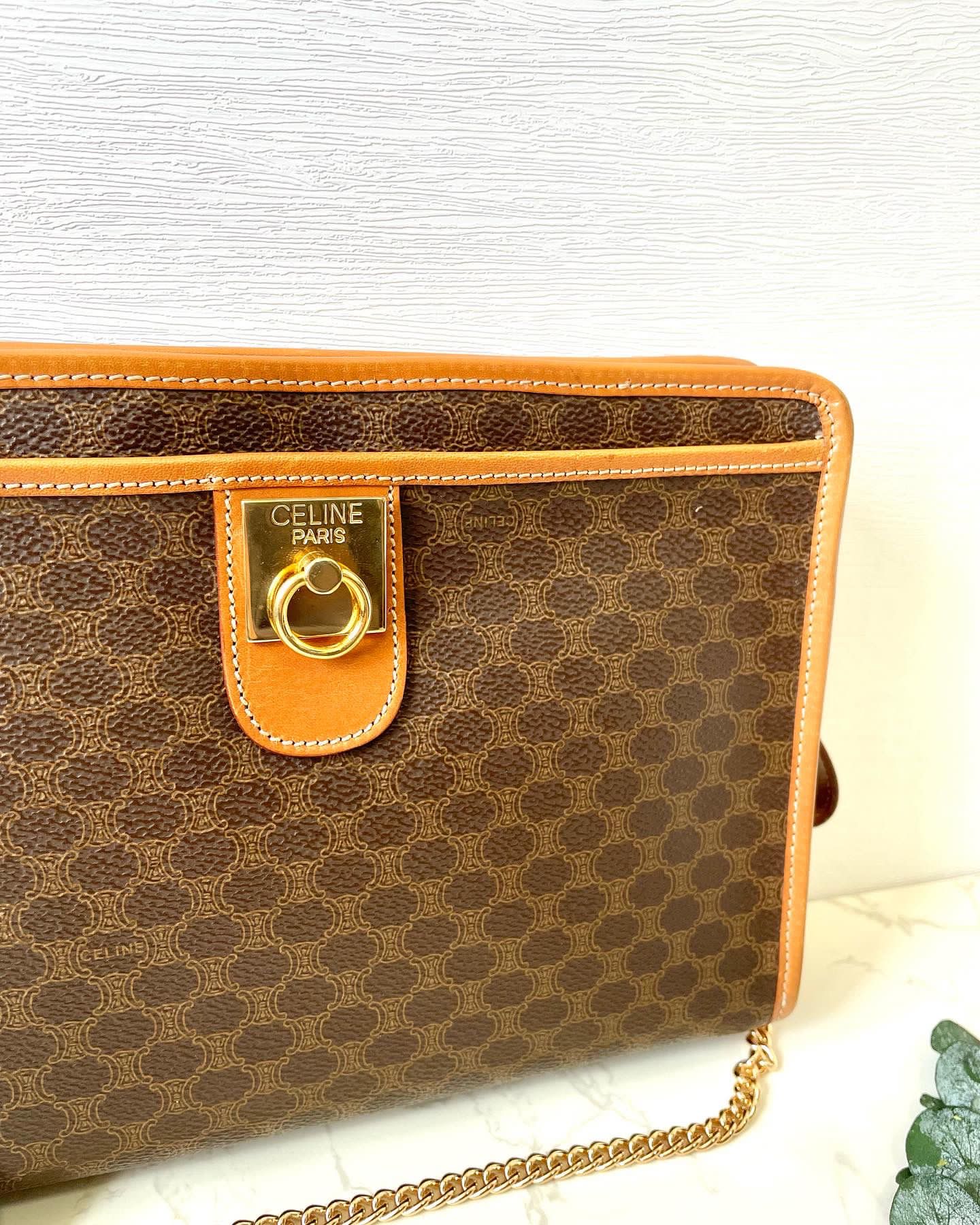 CELINE Brown Monogram Chain Crossbody Bag