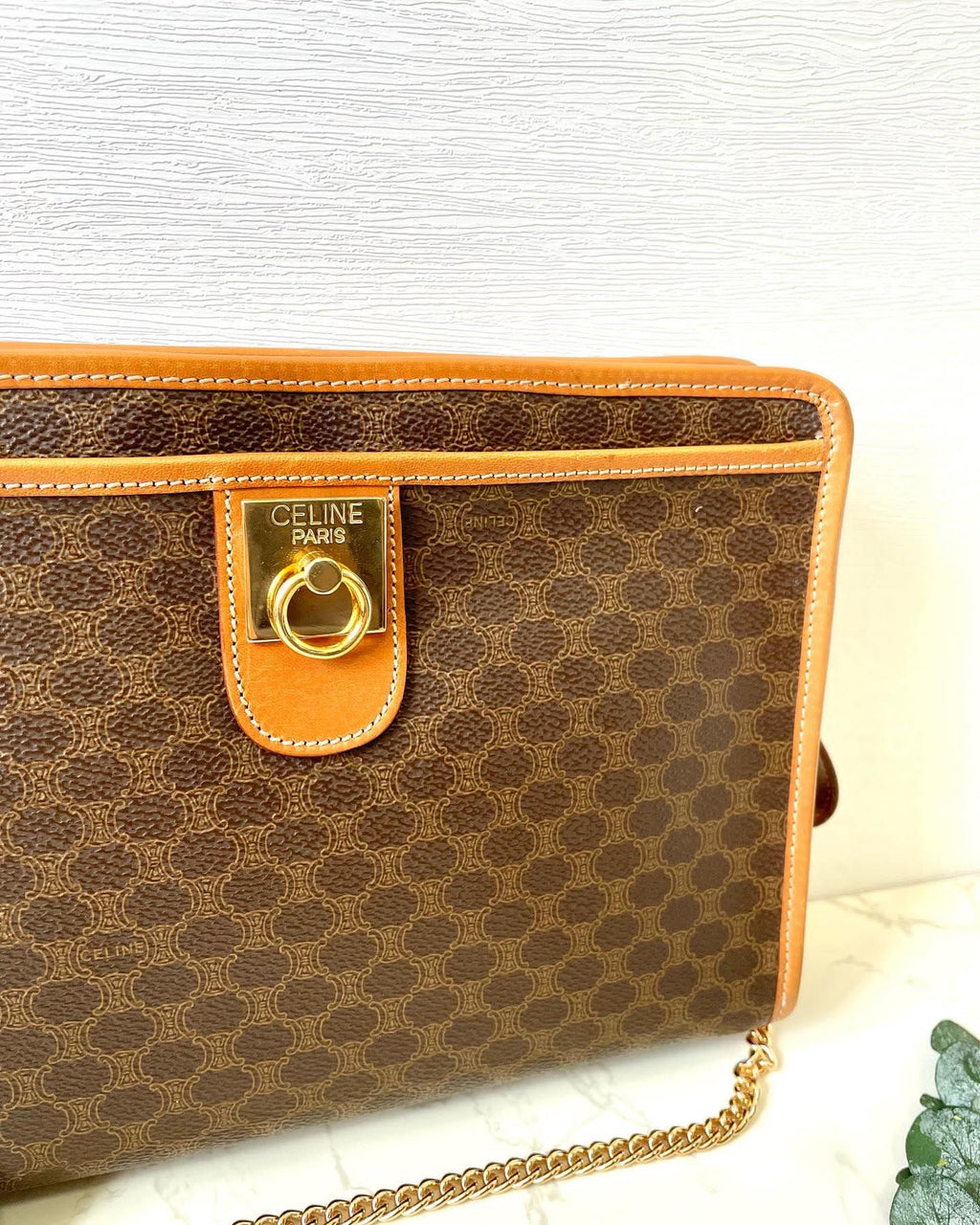 CELINE Brown Monogram Chain Crossbody Bag