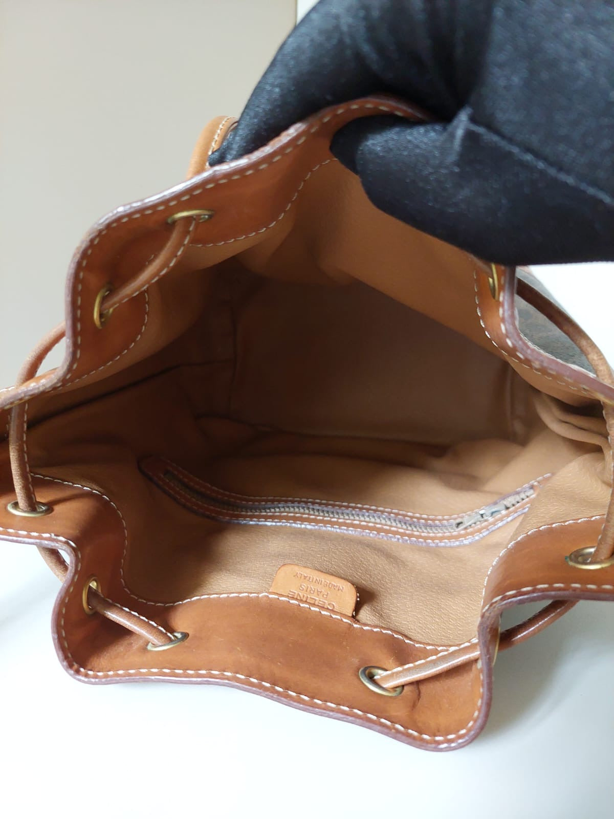 CELINE Brown Old Flower Leather Single Shoulder Drawstring Bucket Bag/Side Bag - Japanese Second-hand Vintage