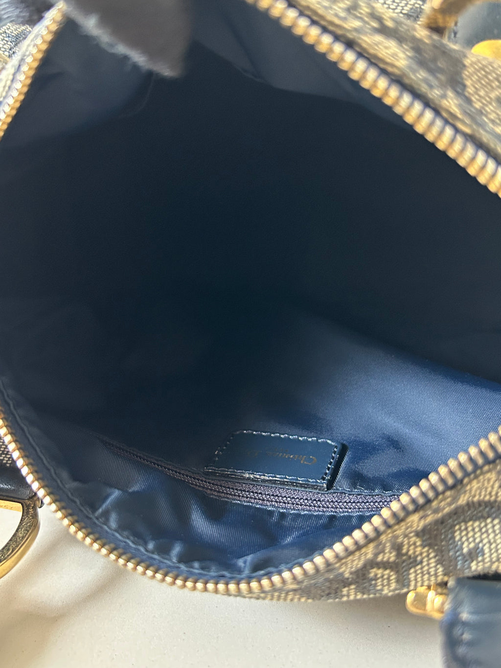 CHRISTIAN DIOR 稀有深藍色老花皮革小波士頓圓桶包/手提包