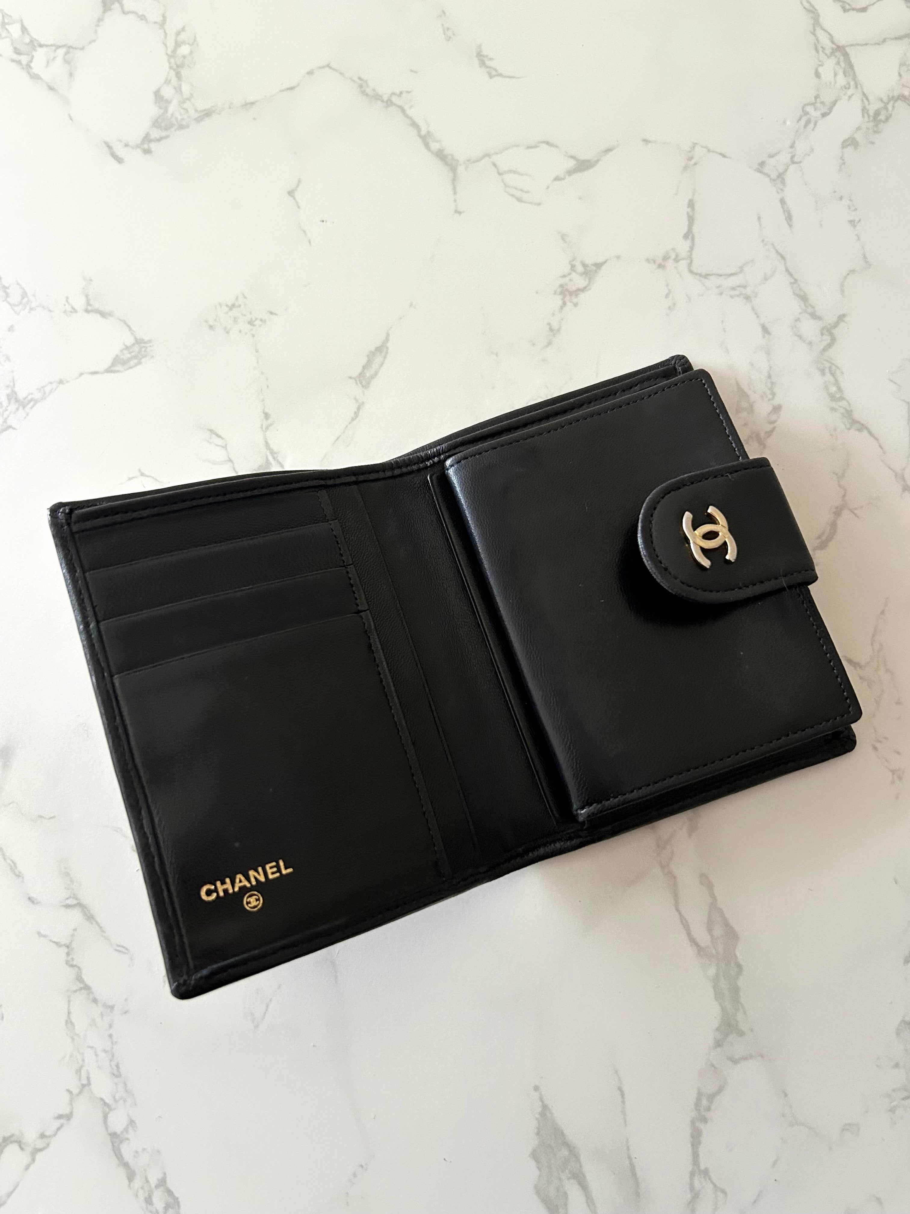CHANEL rare black lambskin leather large gold buckle gold label short wallet / wallet