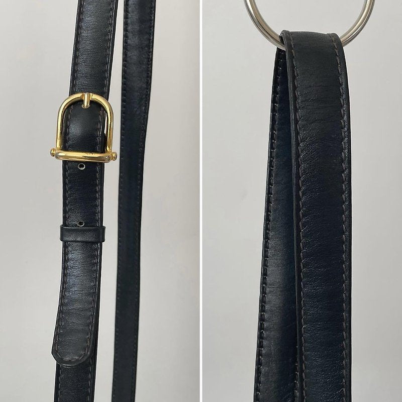 CELINE rare black old flower gold Arc de Triomphe leather shoulder drawstring bucket bag / side backpack