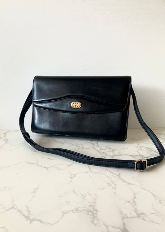 GUCCI Black x Gold Calf Leather Envelope Crossbody Bag