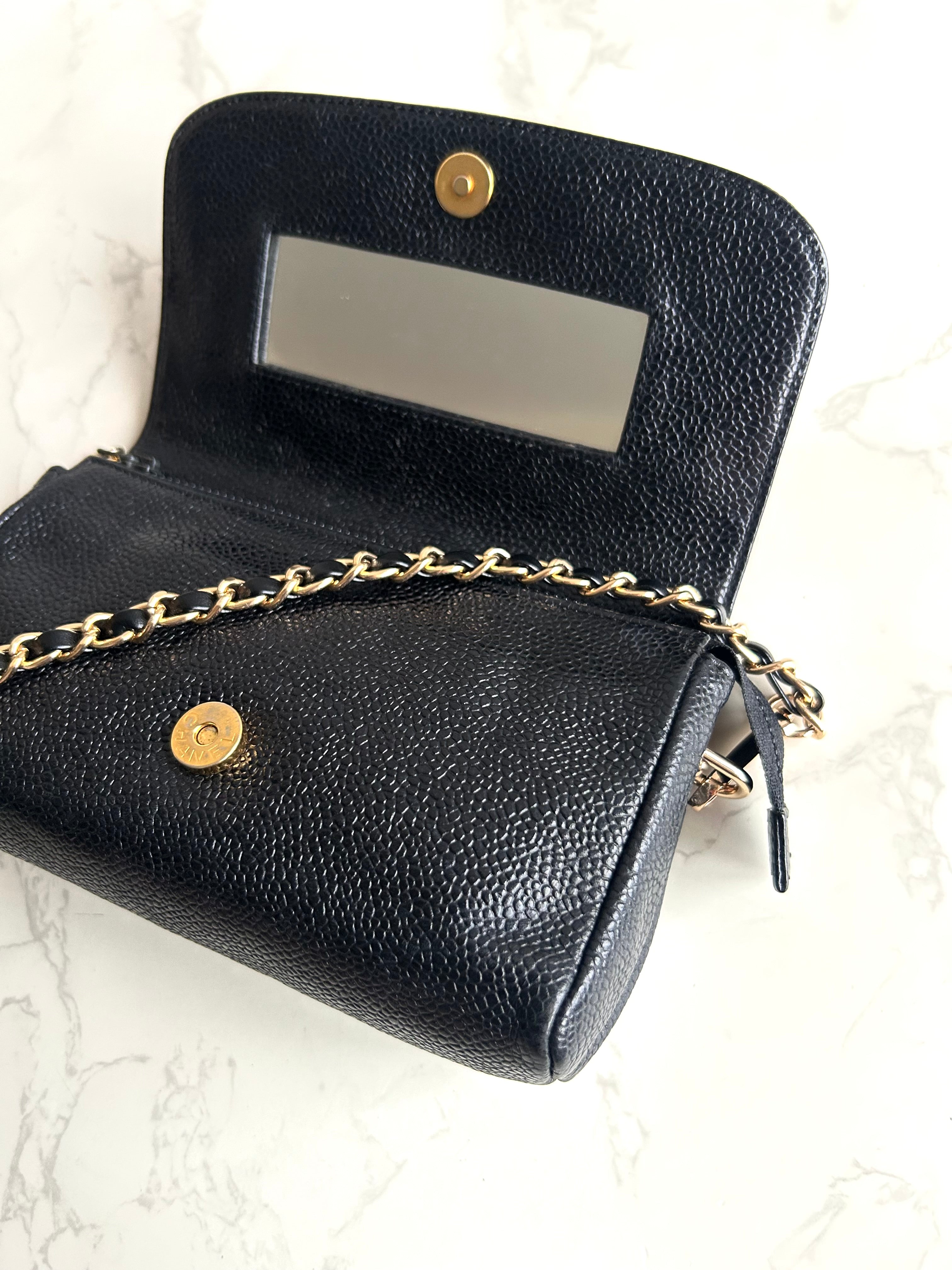 Chanel連鏡子黑金魚子醬皮革包 側背包 斜背包 中古包