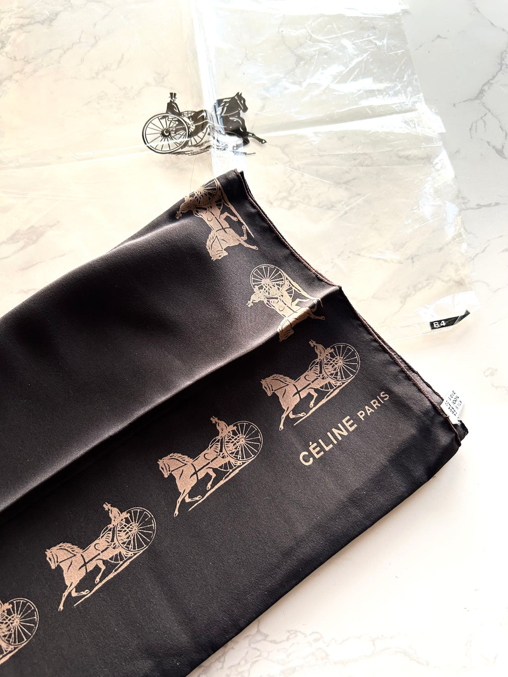 CELINE Dark Brown Carriage Print Silk Scarf/Shawl · New Year Gift