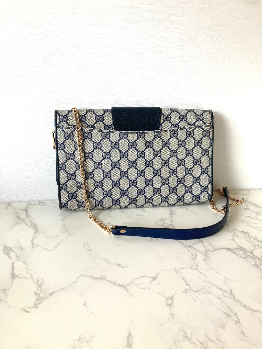 GUCCI Navy Monogram x Gold Horseshoe Two-way Shoulder Bag / Clutch