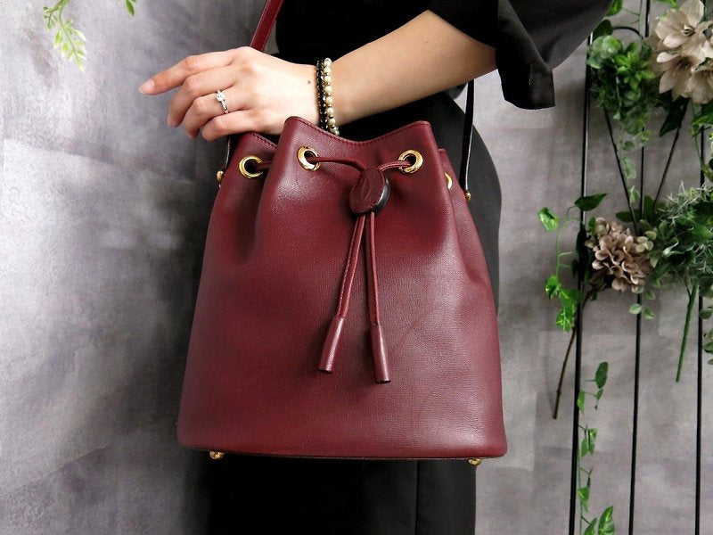 CARTIER Rare Burgundy Small Bucket Drawstring Bag/Side Bag/Messenger Bag