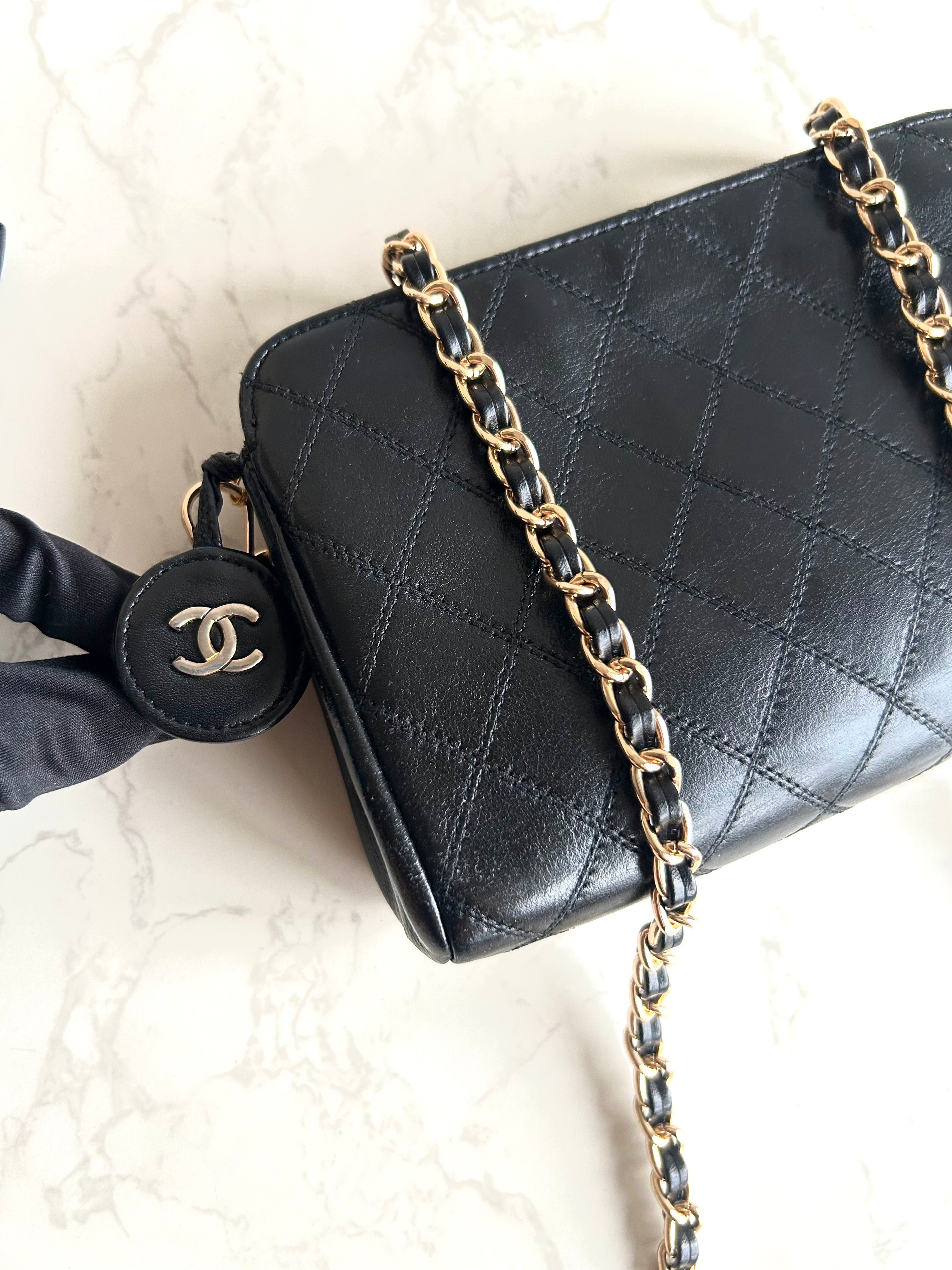 Chanel黑金色小羊皮革斜背包 單肩包 側背包 中古包