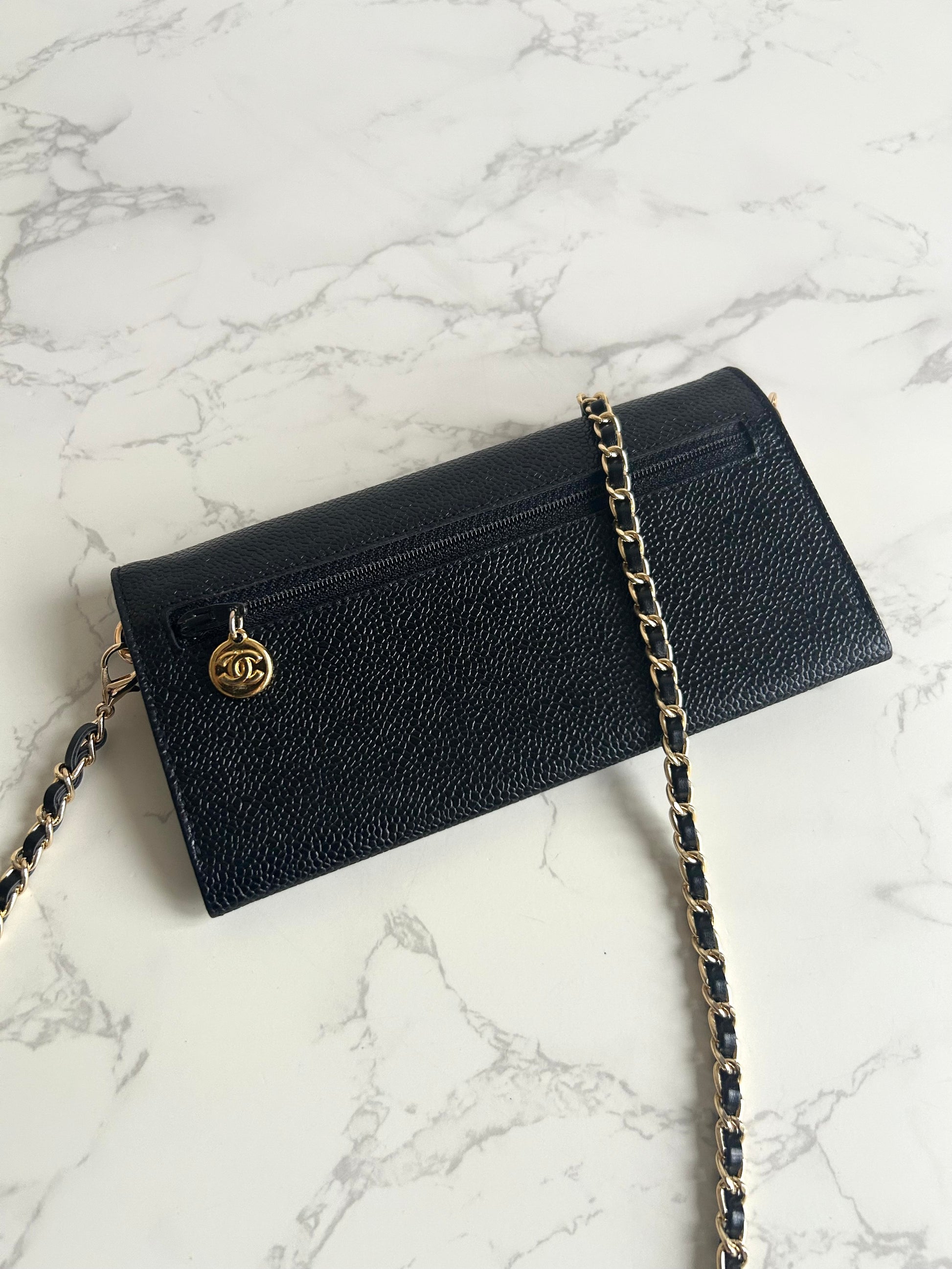 中古二手Chanel黑色魚子醬皮革WOC/側背包/斜背包/錢包