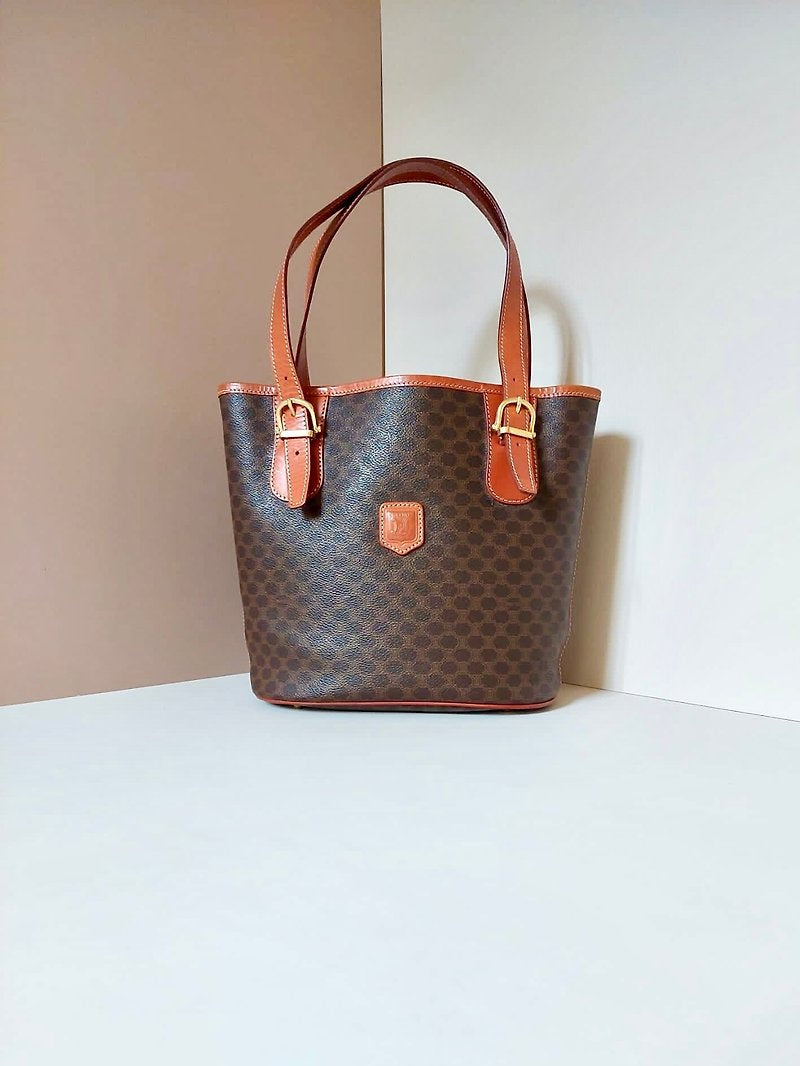 CELINE coffee brown old flower leather tote bag / side backpack / handbag