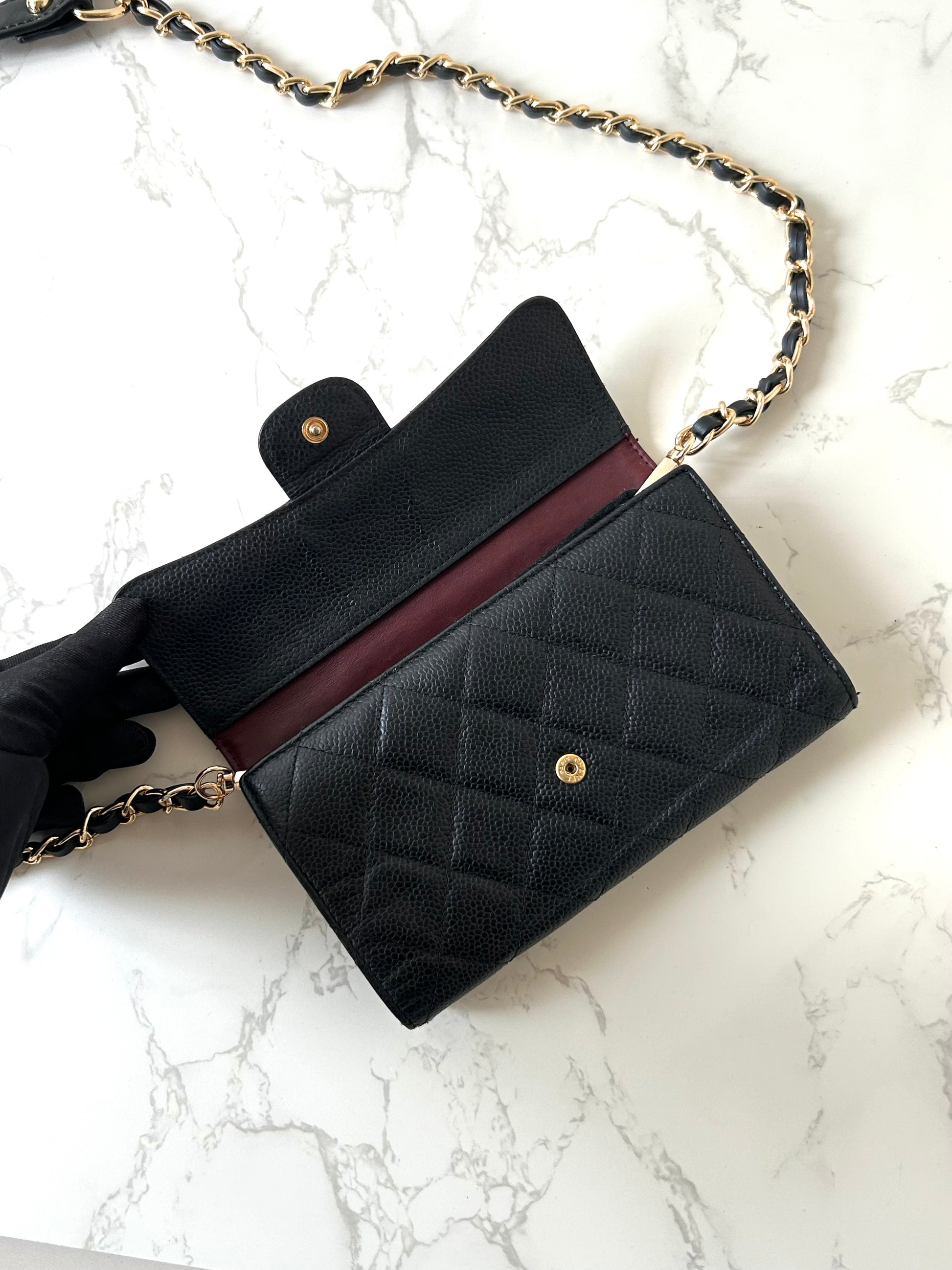 CHANEL Black Caviar Leather Gold Label WOC Long Wallet / Side Bag / Crossbody Bag