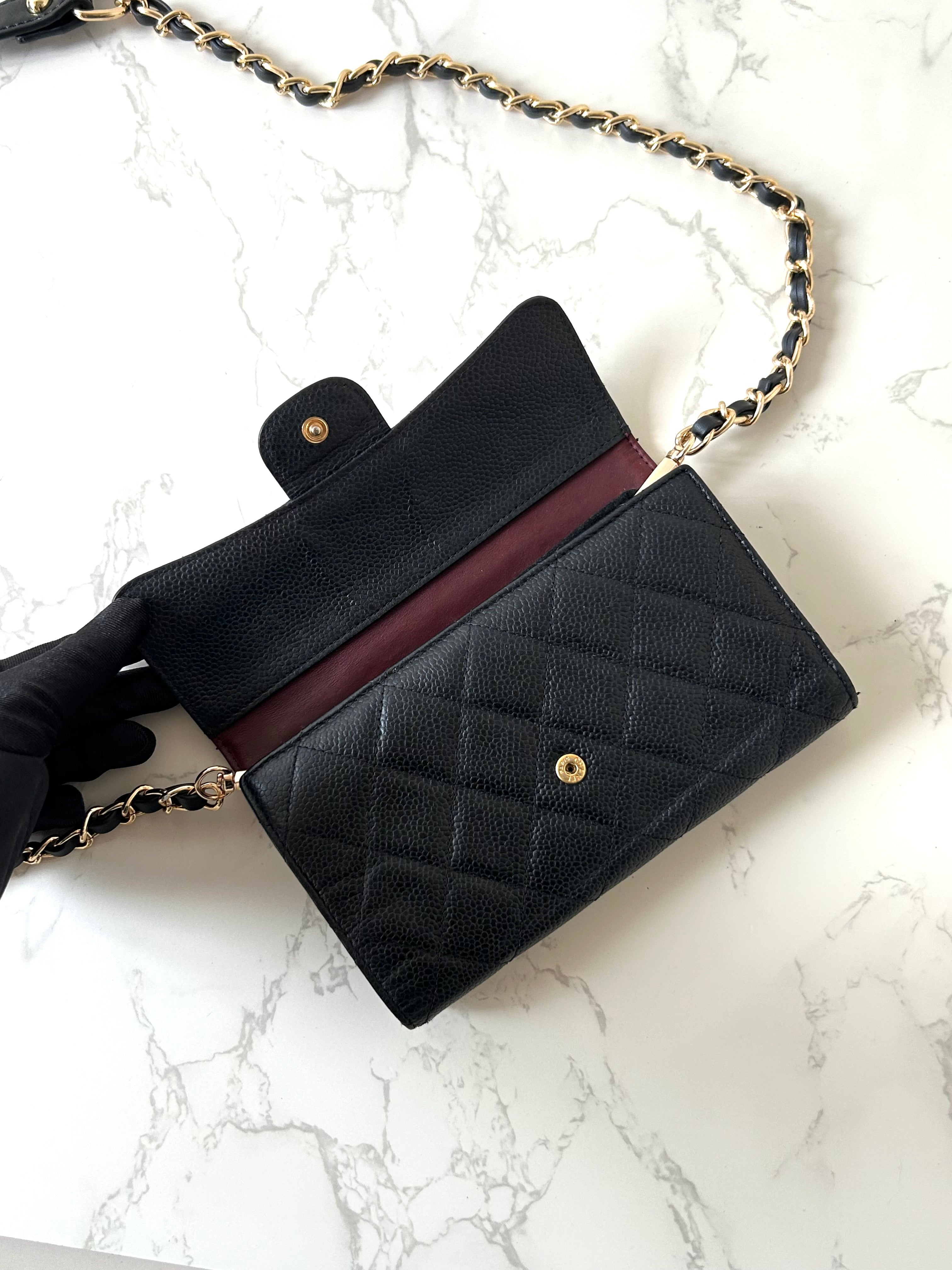CHANEL Black Caviar Leather Gold Label WOC Long Wallet / Side Bag / Crossbody Bag