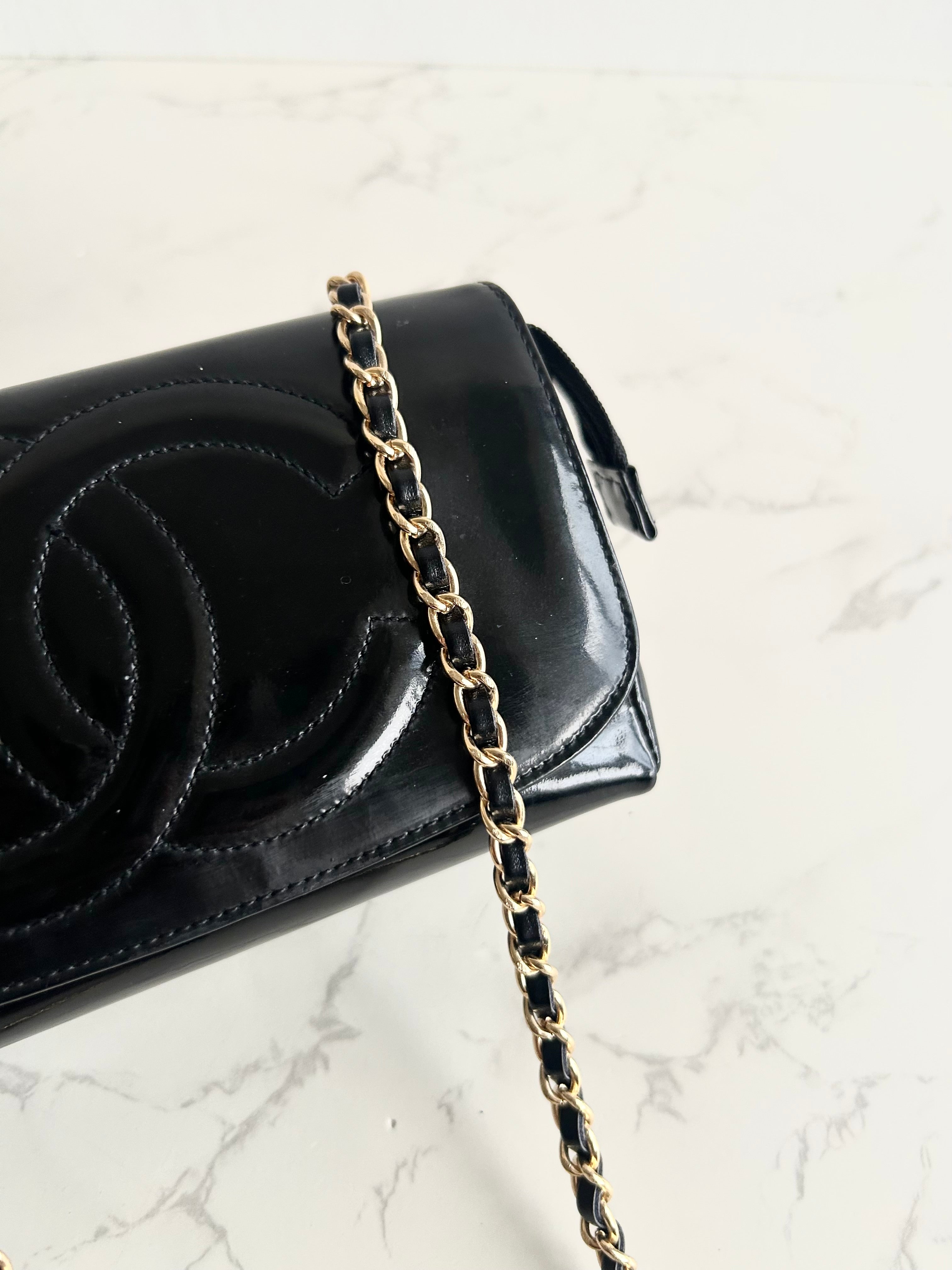 Rare Used Chanel Black and Gold Two-Way Crossbody Bag with Mirror