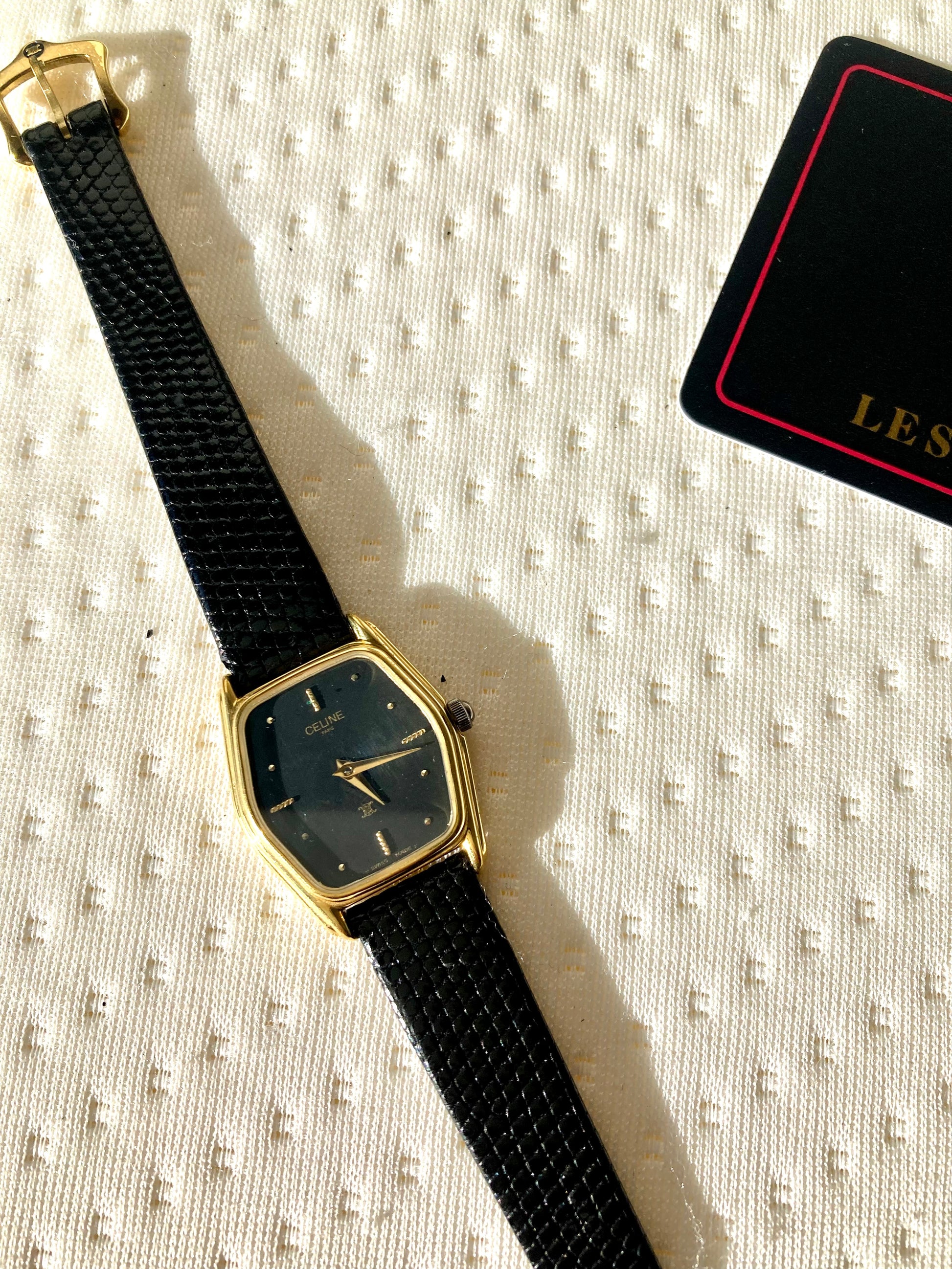 CELINE Black x Gold Hexagon Horse Carriage Watch