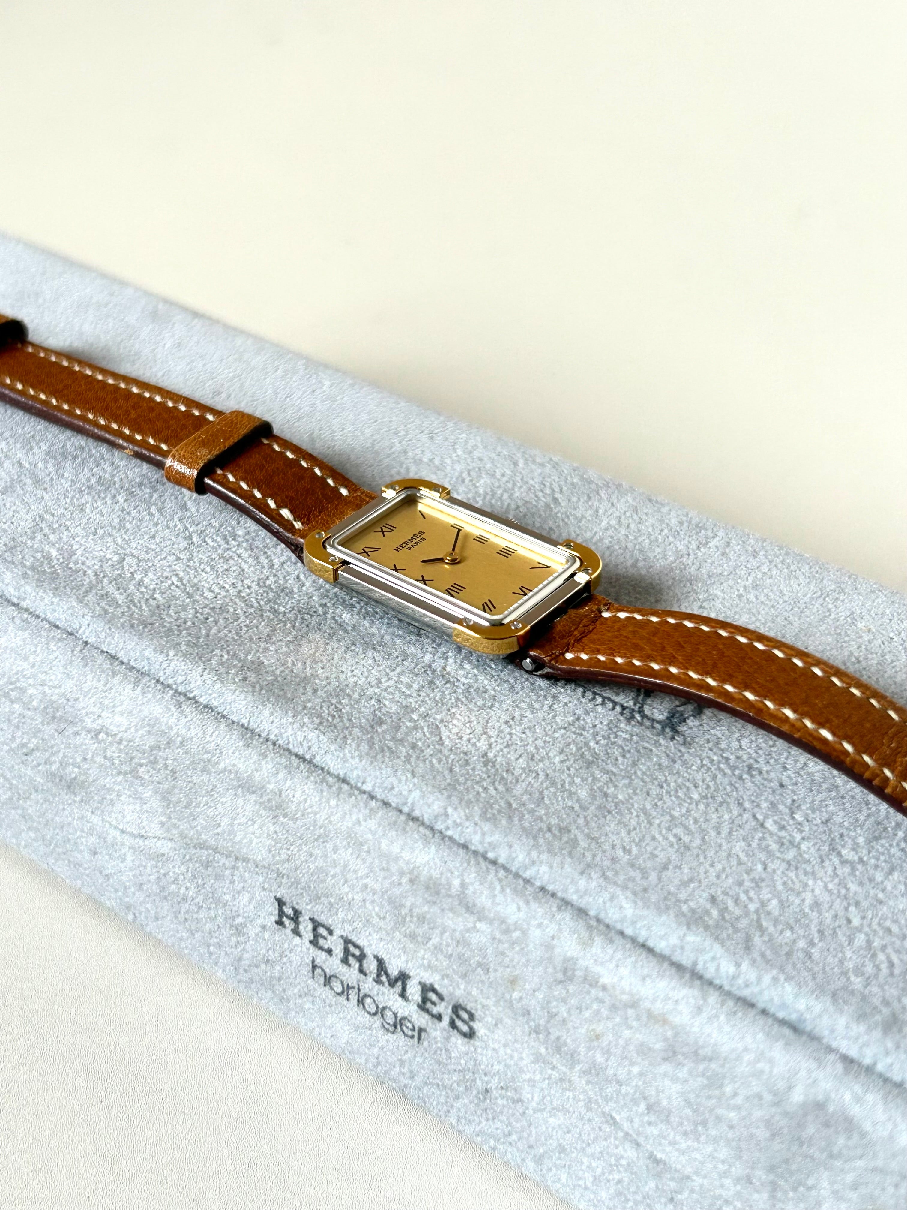 HERMES with original box - rare Croisiere brown leather wristwatch