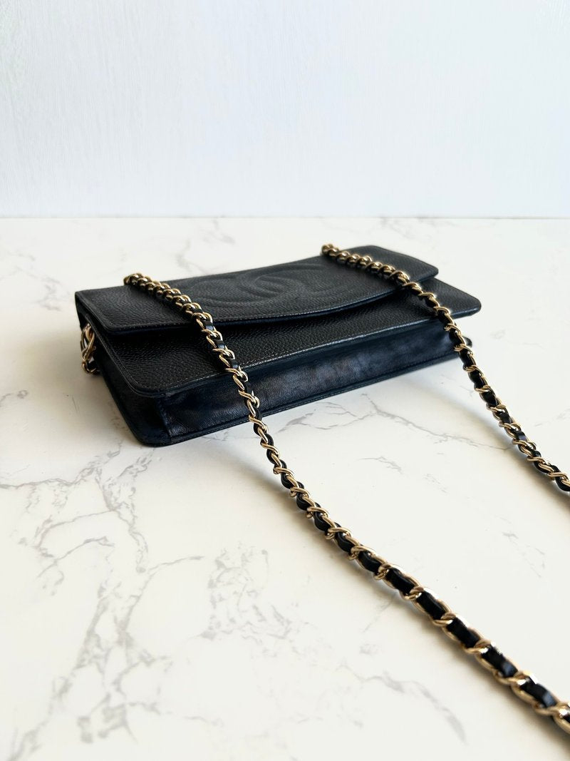 CHANEL Rare Black Caviar Leather WOC/Wallet/Side Bag/Messenger Bag
