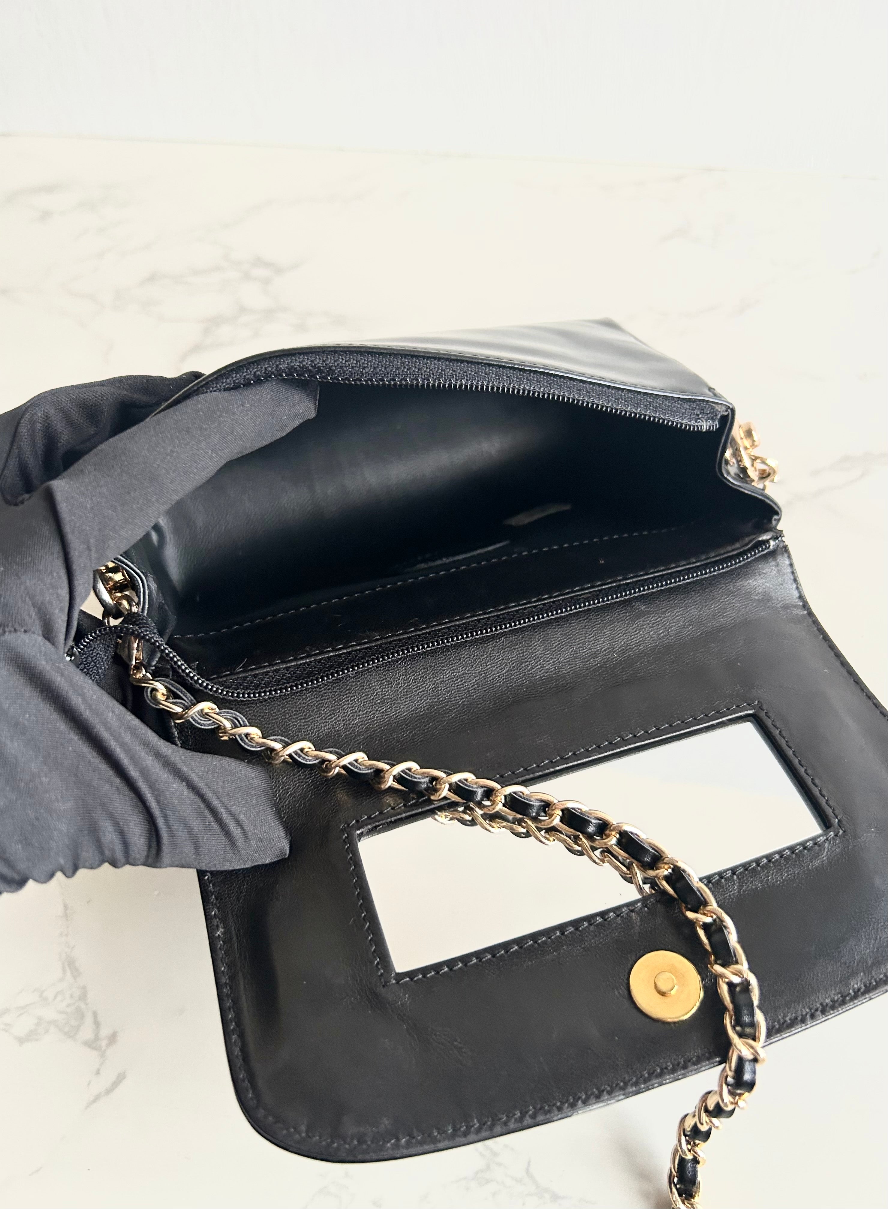Rare Used Chanel Black and Gold Two-Way Crossbody Bag with Mirror