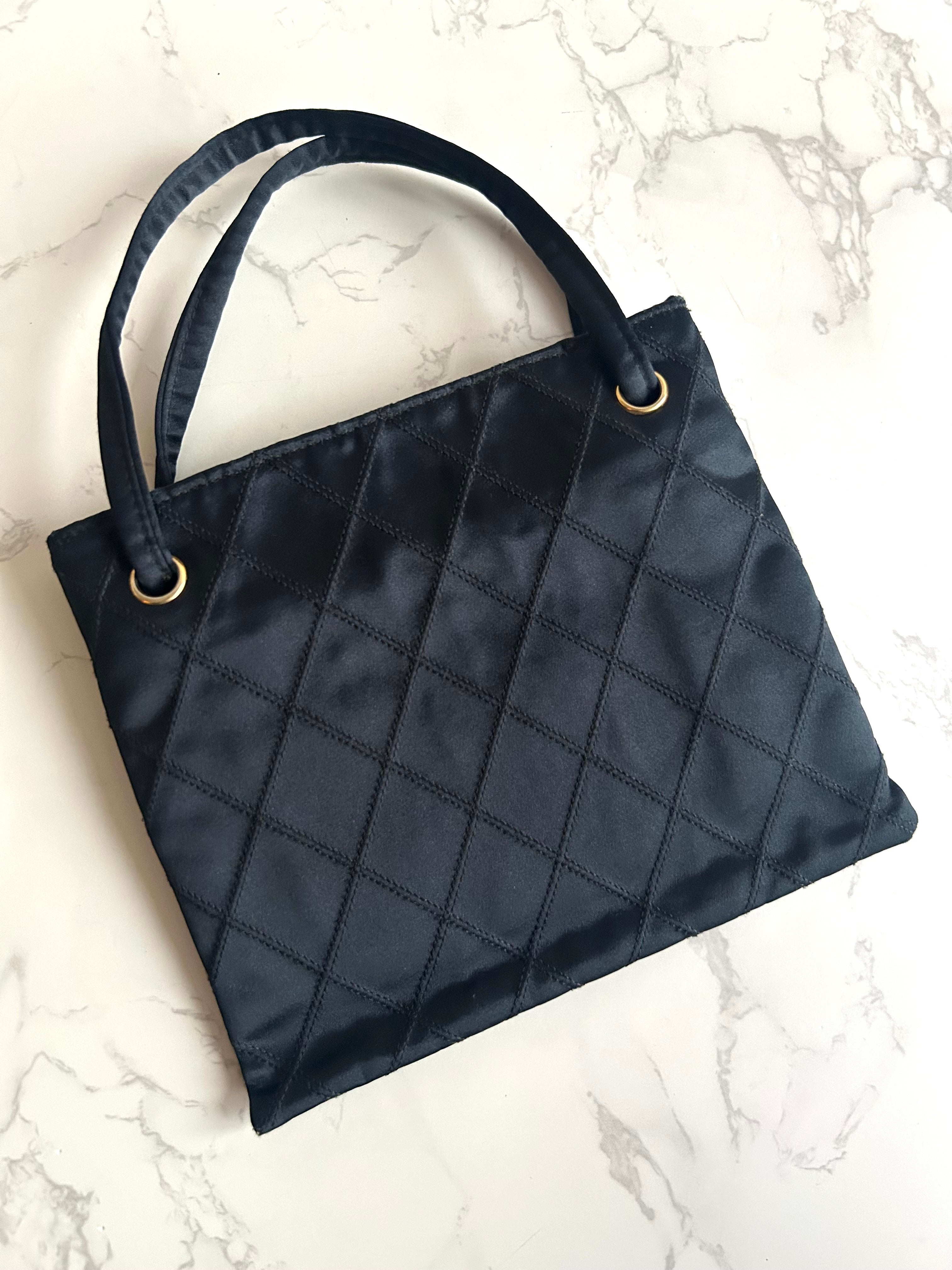 Rare Chanel Vintage Silk Rhinestone Black Matelassé Tote Bag