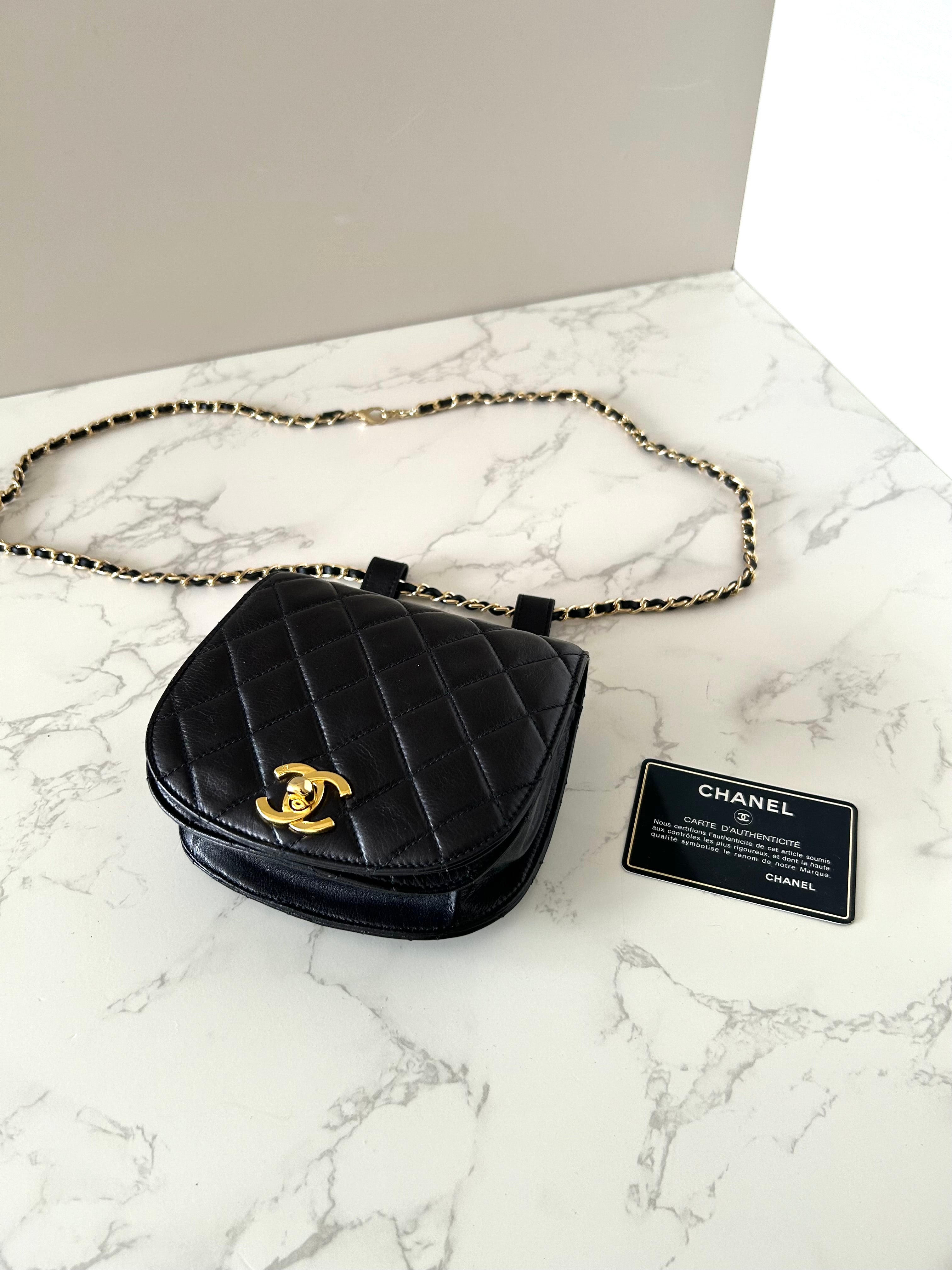 CHANEL rare black lambskin leather swivel buckle saddle bag / clutch / oblique bag