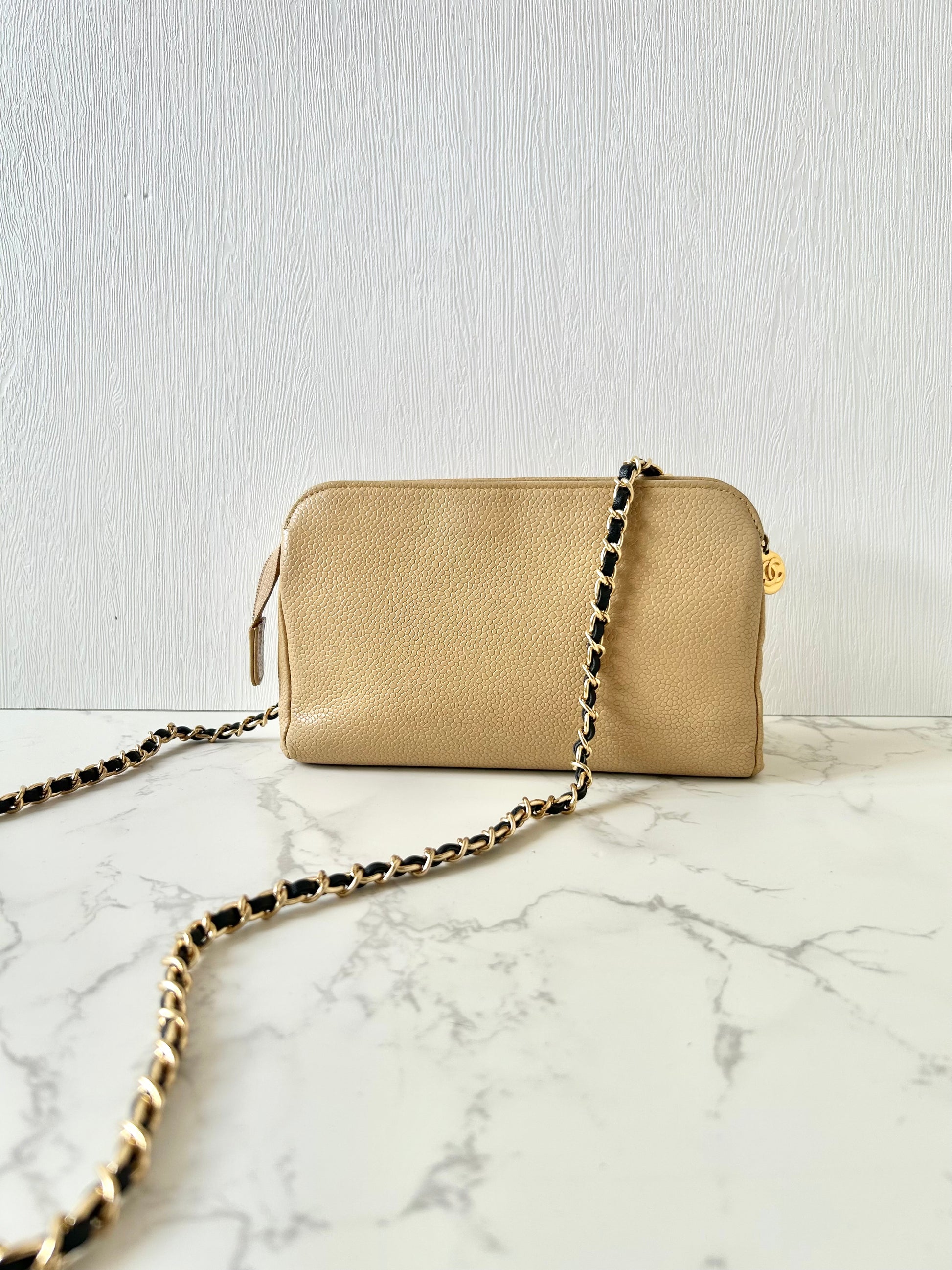 CHANEL Rare Beige Apricot Caviar Leather Chain Small Bag/Side Bag/Messenger Bag/Clutch Bag
