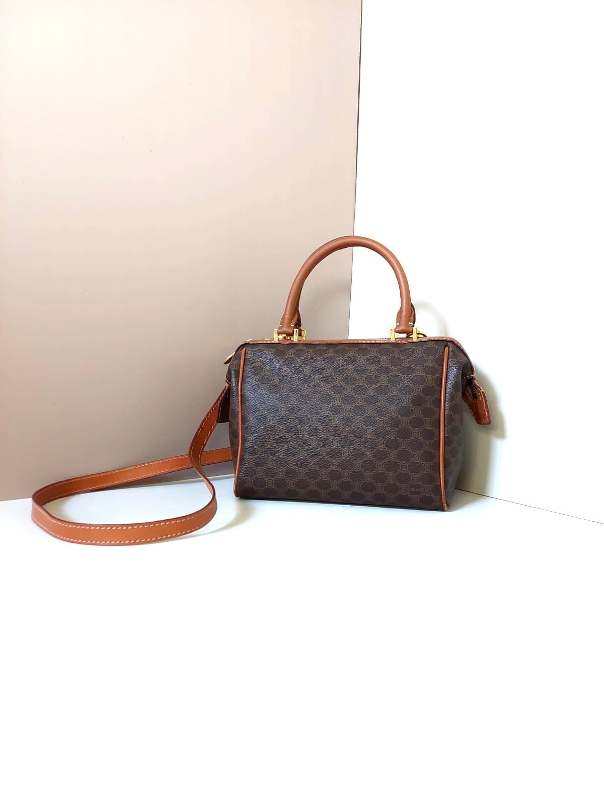 CELINE Brown Old Flower Leather Boston Bucket Bag/Side Bag/Handbag