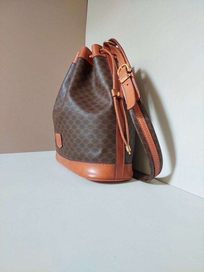 CELINE Brown Old Flower Leather Single Shoulder Drawstring Bucket Bag / Side Bag