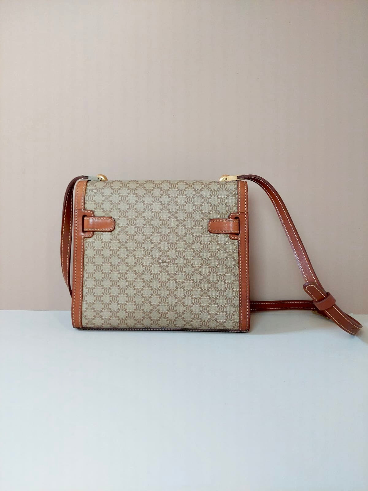 CELINE rare apricot old flower small Kelly / side bag / oblique bag