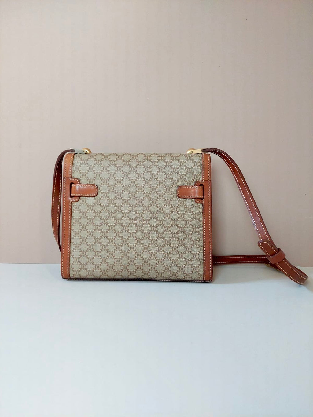 CELINE rare apricot old flower small Kelly / side bag / oblique bag