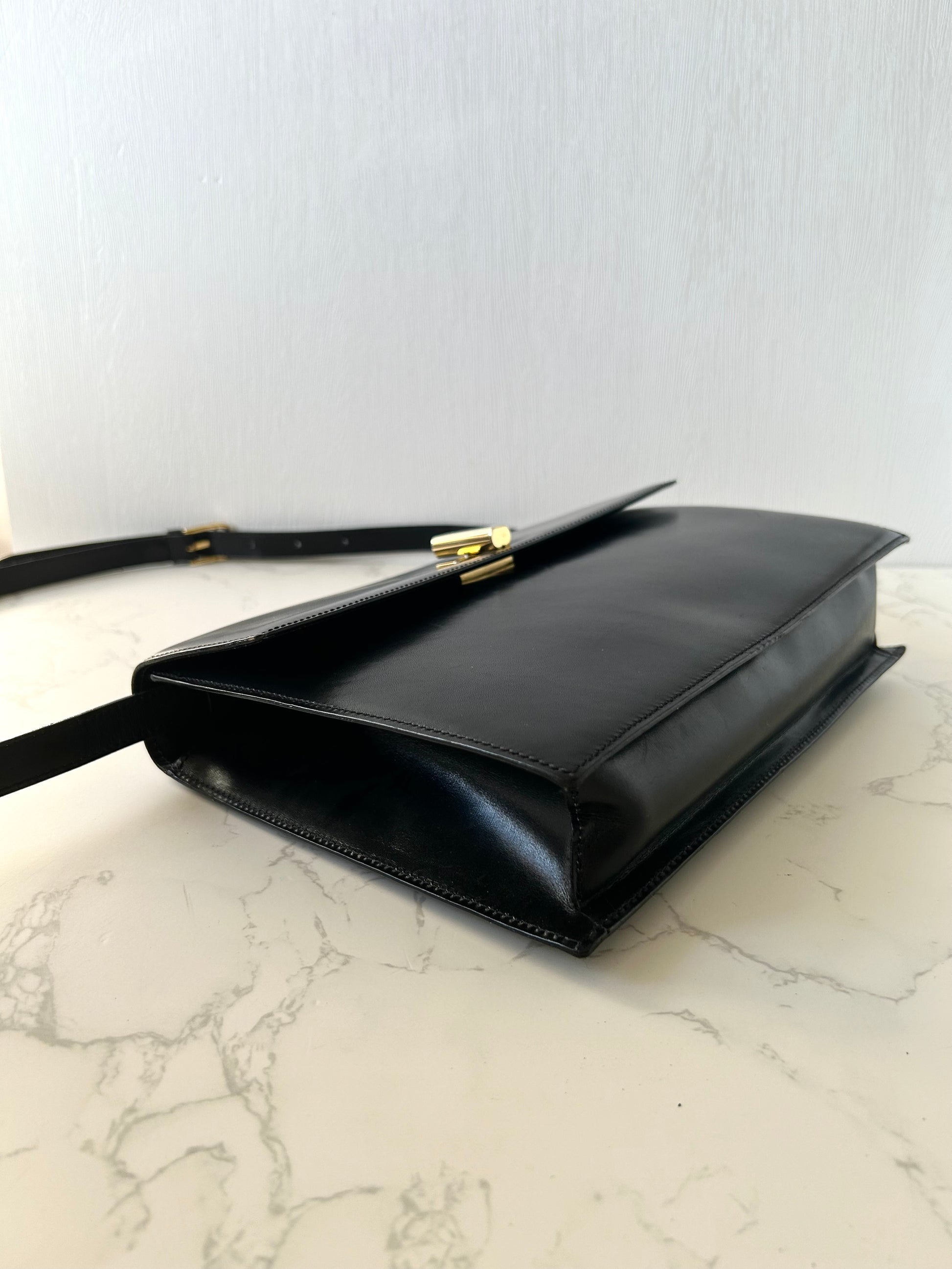CELINE rare black cross rotating gold buckle leather small shoulder bag / crossbody bag