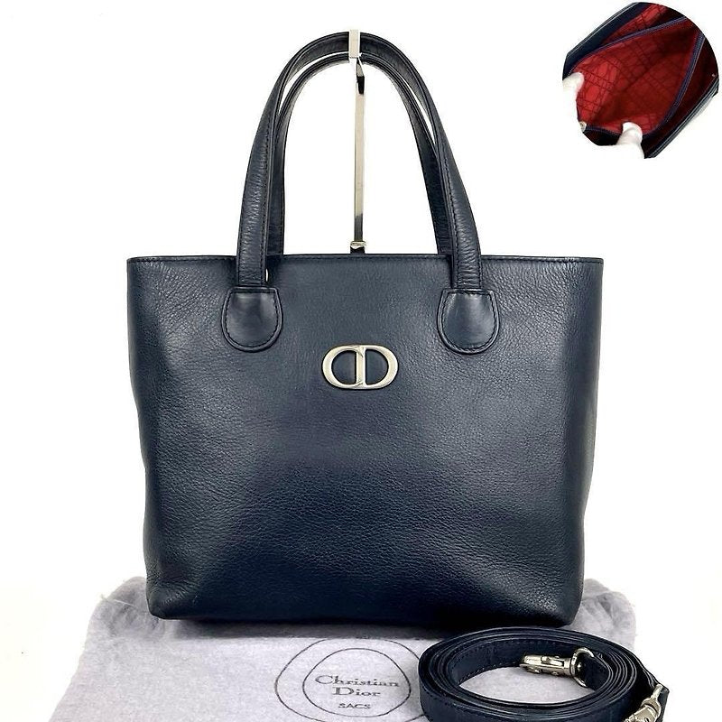 CHRISTIAN DIOR rare dark blue silver label leather small side bag / crossbody bag / tote bag / handbag
