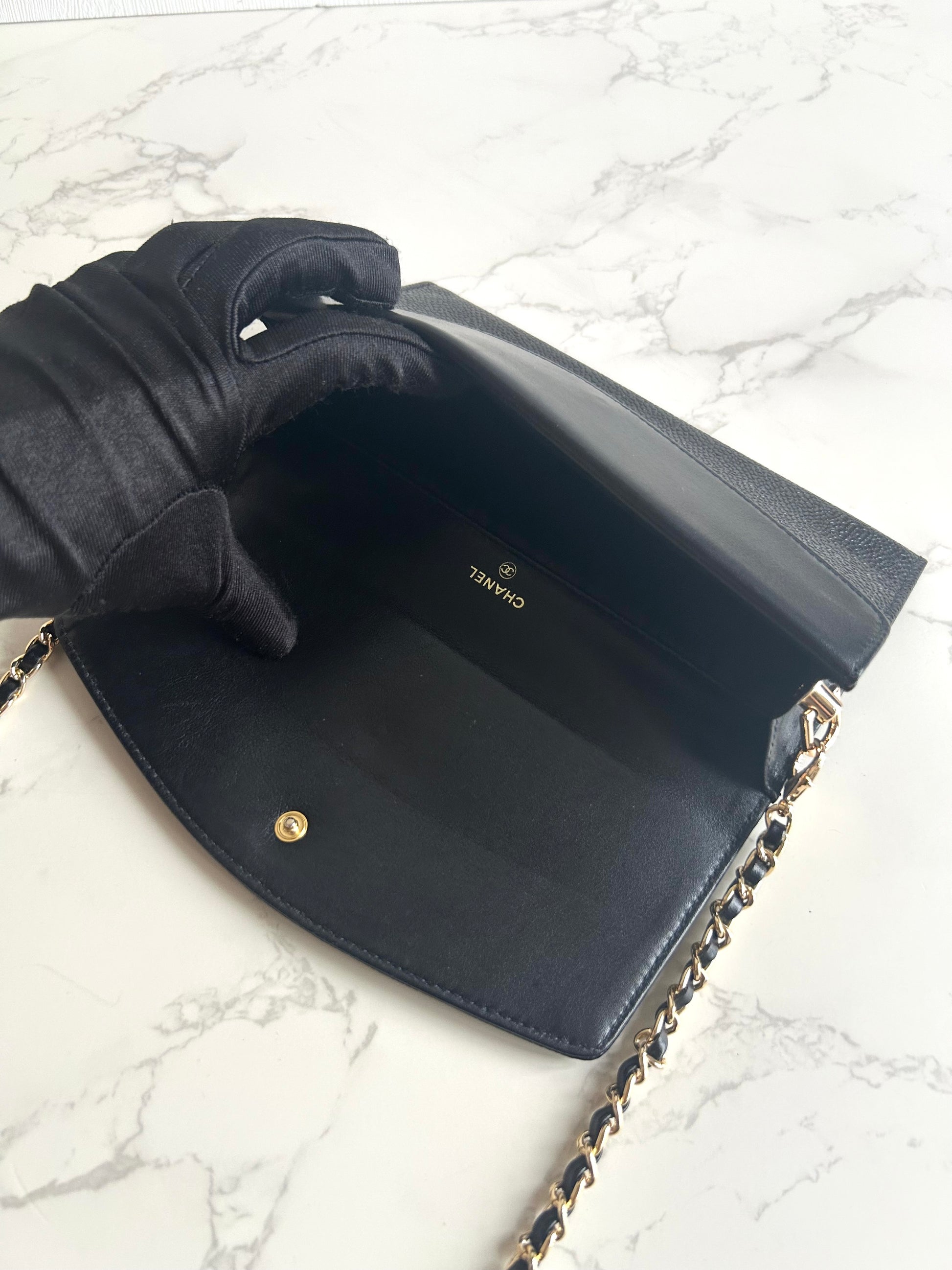 中古二手Chanel黑色魚子醬皮革WOC/側背包/斜背包/錢包