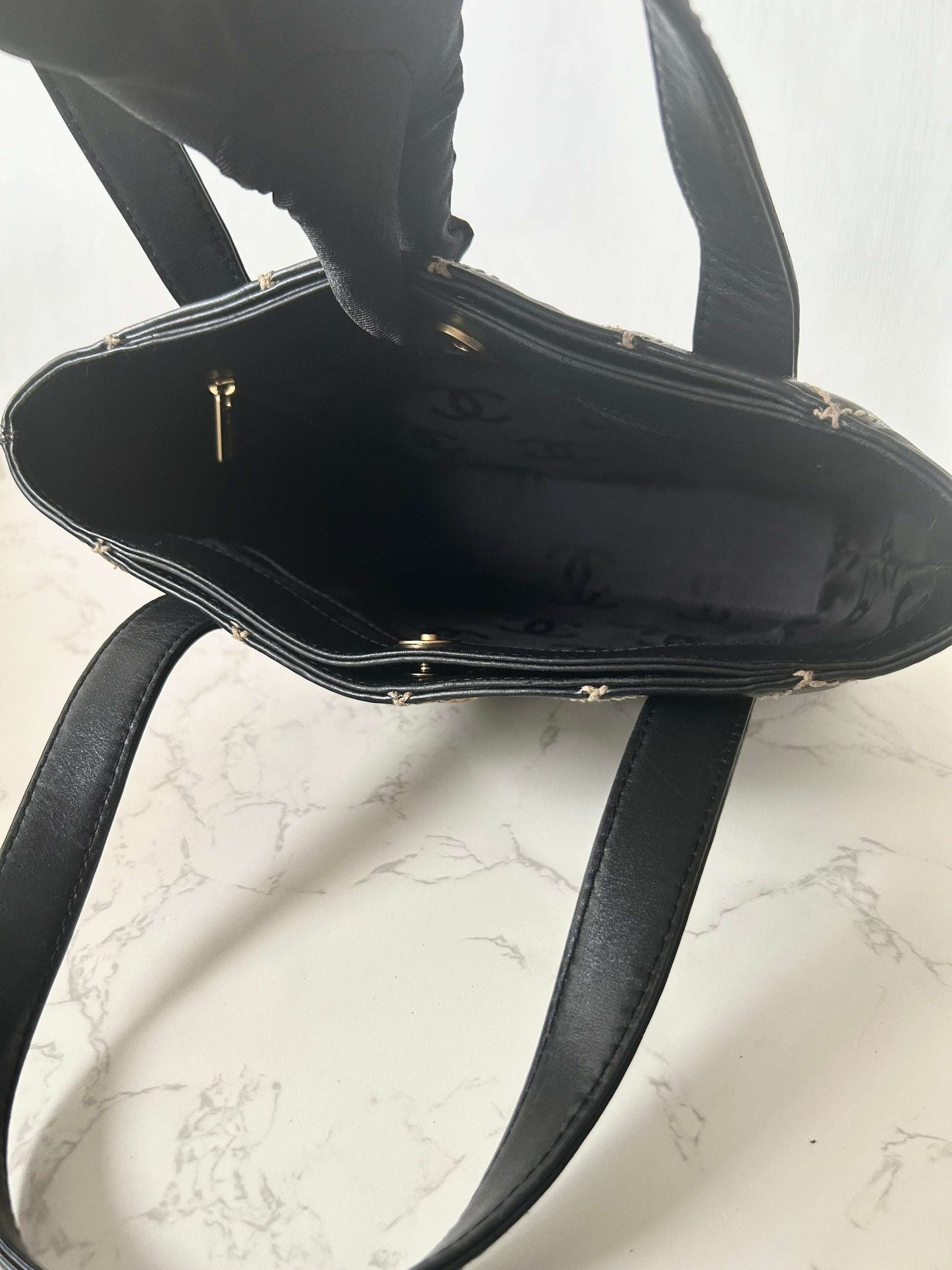 CHANEL Wild Stitch Vivian black gold label small tote bag / side bag