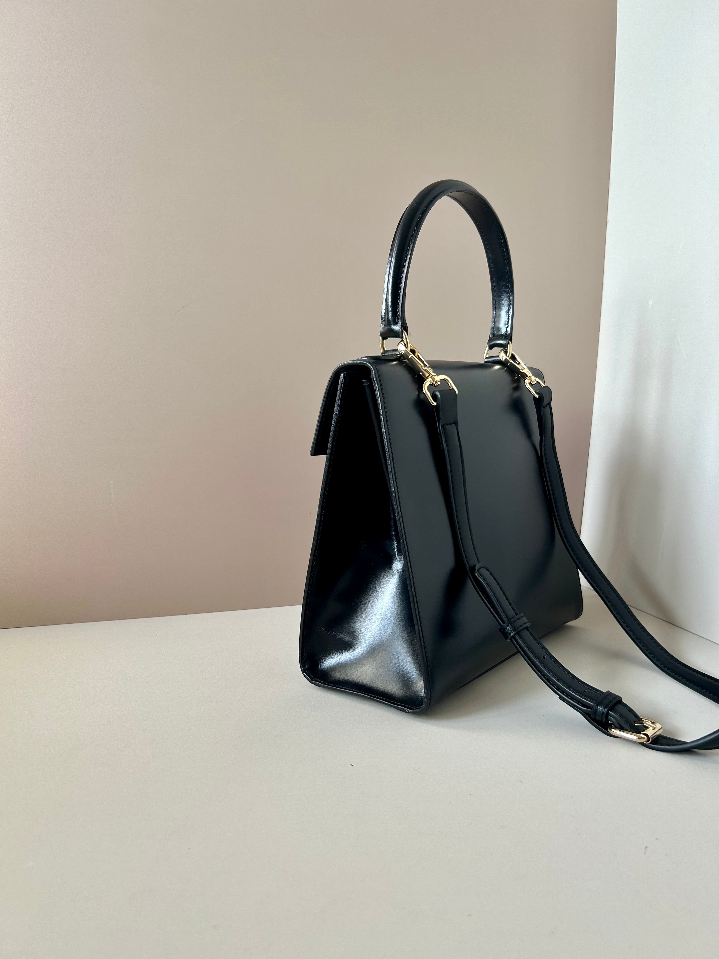 New arrival-CELINE rare black gold buckle small Kelly handbag/side bag/crossbody bag