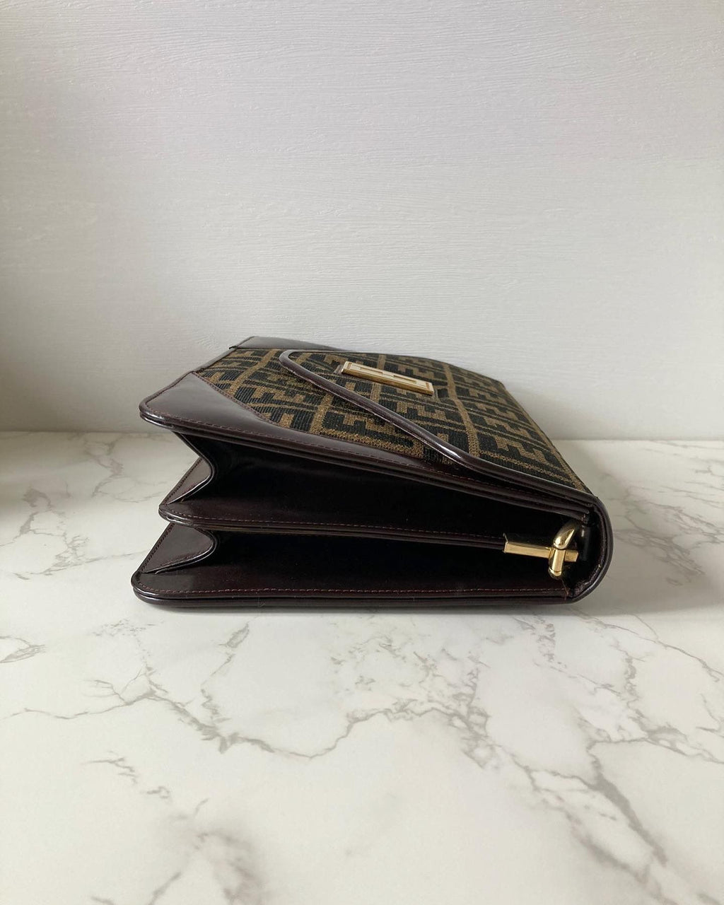 FENDI Zucchino rare brown old flower gold buckle side bag / underarm bag