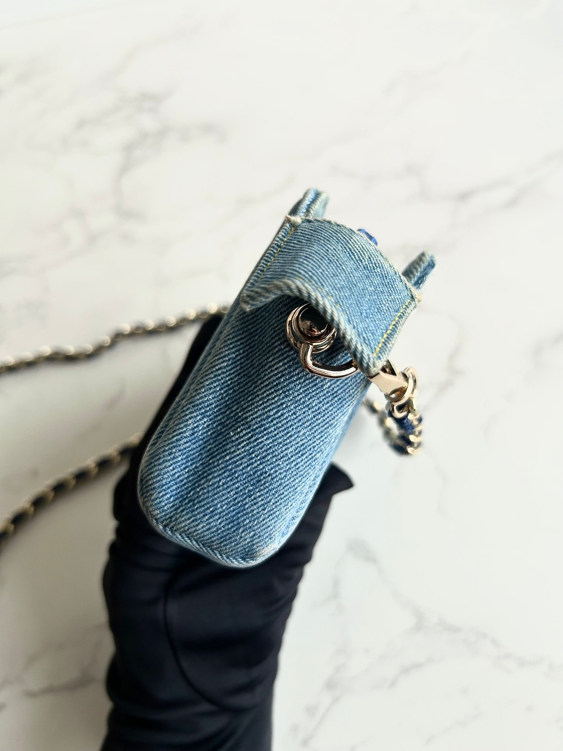 極稀有 中古Chanel牛仔藍明線包 側背包 斜背包