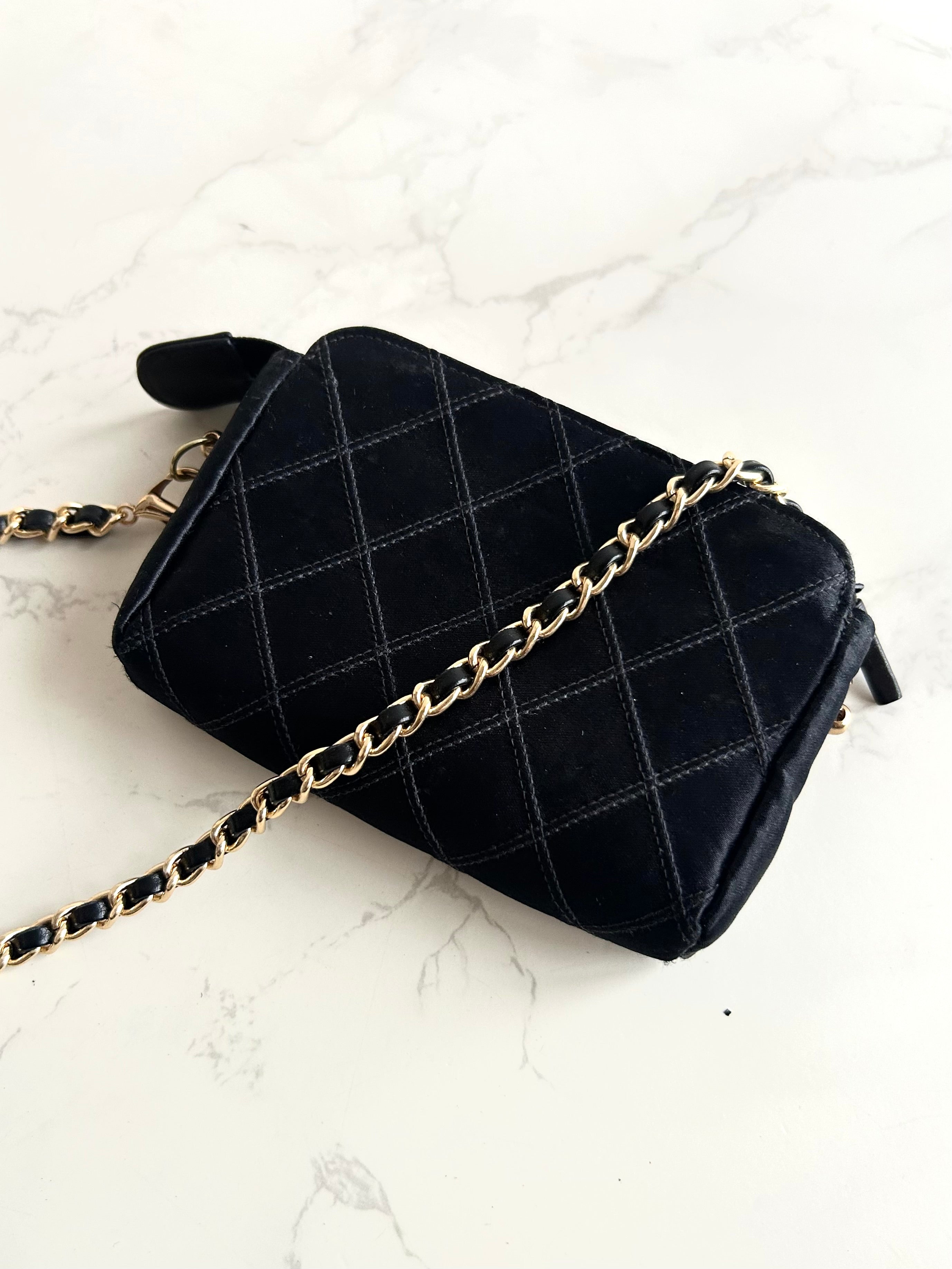 Rare Chanel Black and Gold Rhinestone Silk Bag/Shoulder Bag/Crossbody Bag