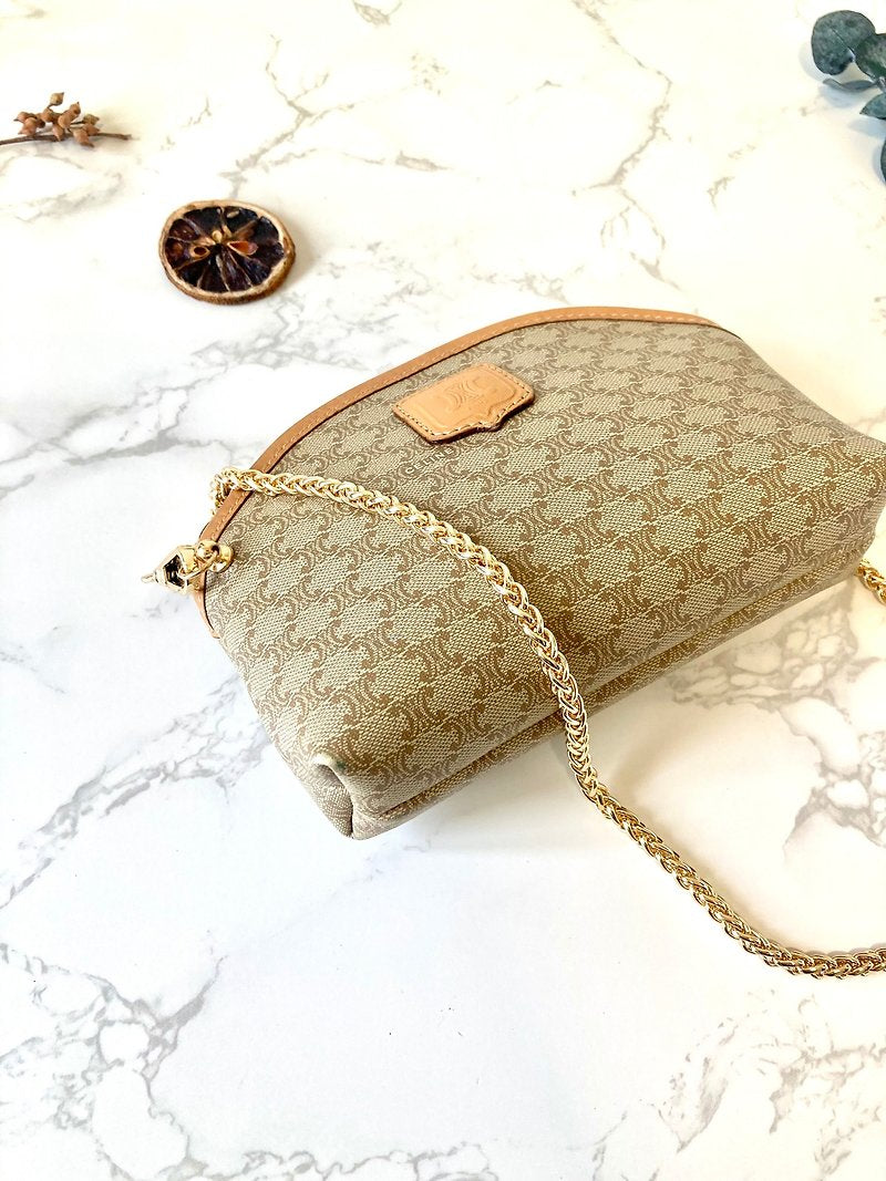 CELINE beige Arc de Triomphe old flower shoulder bag/oblique backpack/side backpack/clutch bag