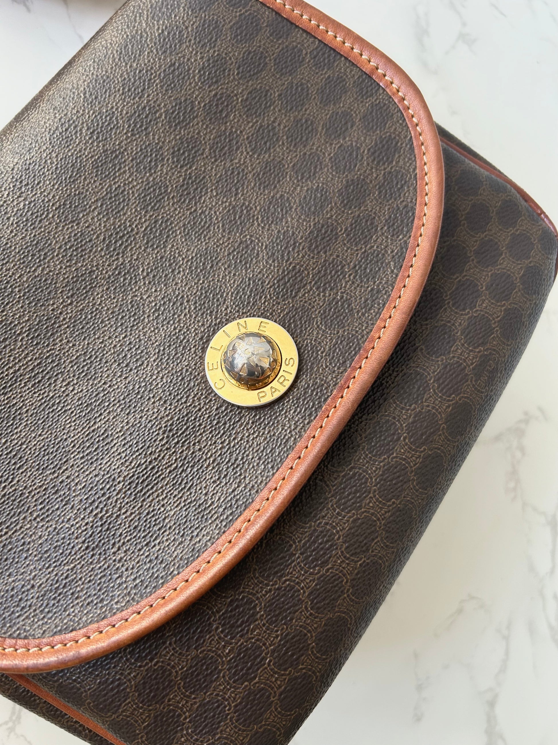 CELINE Rare Planet Brown Old Flower Leather Tofu Small Bag/Side Bag/Messenger Bag